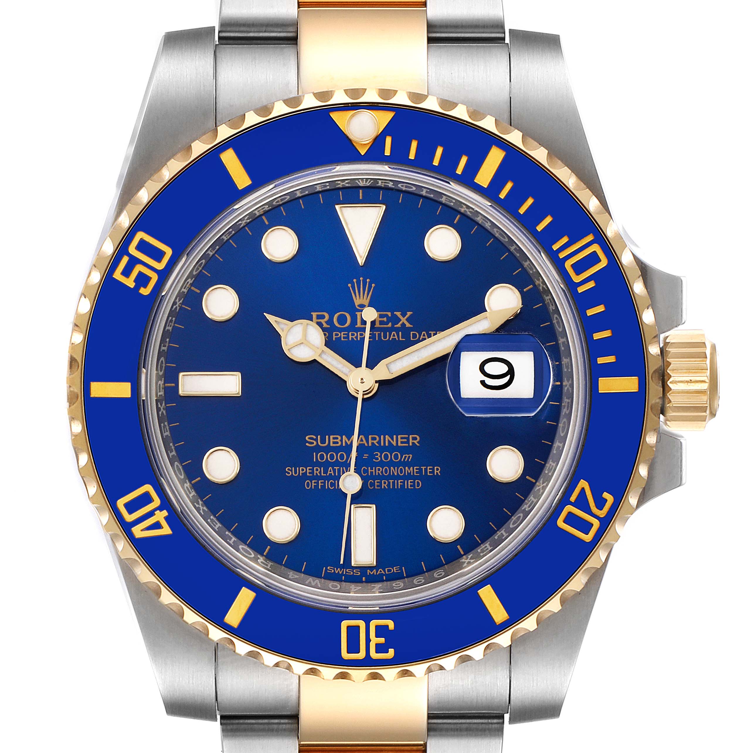 This Rolex Submariner 116613 Men's Steel and Gold (two tone) Blue Dial 116613 Men's Steel and Gold (two tone) Blue Dial watch is shown from a top-down angle, displaying the face, bezel, and part of the bracelet.