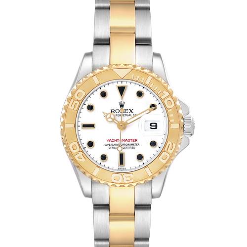 The Rolex Yacht-Master 169623 Women's Steel and Gold (two tone) White Dial watch is shown from the front, highlighting the dial, bezel, and bracelet.