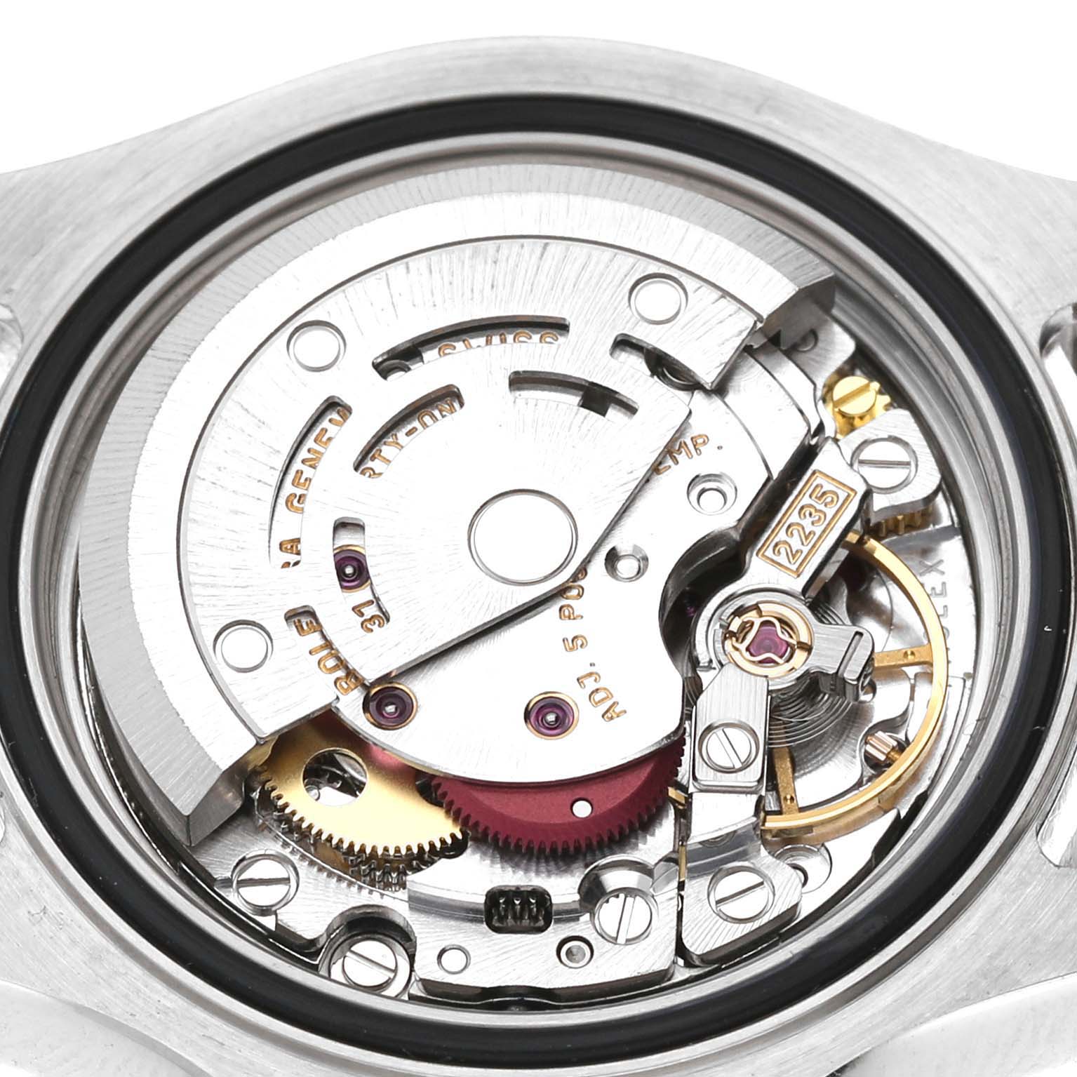 The image shows the movement mechanism of a Rolex Yacht-Master 169623 Women's Steel and Gold (two tone) White Dial watch from a top-down angle.