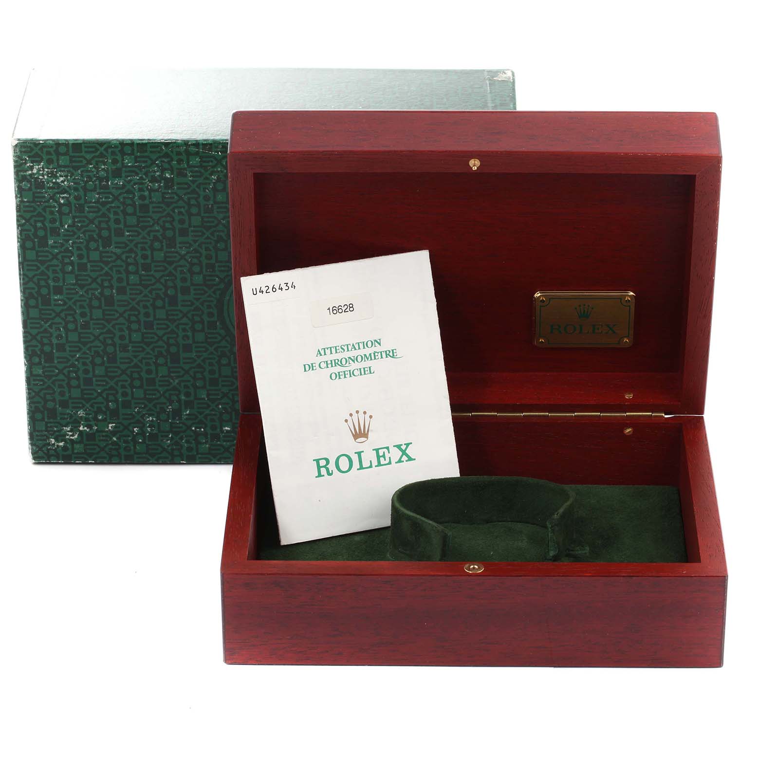 The image shows an open wooden box with a green Rolex booklet and cushion for the Rolex Yacht-Master 16628 Men's Yellow Gold White Dial 16628 Men's Yellow Gold White Dial watch, alongside an outer green box.
