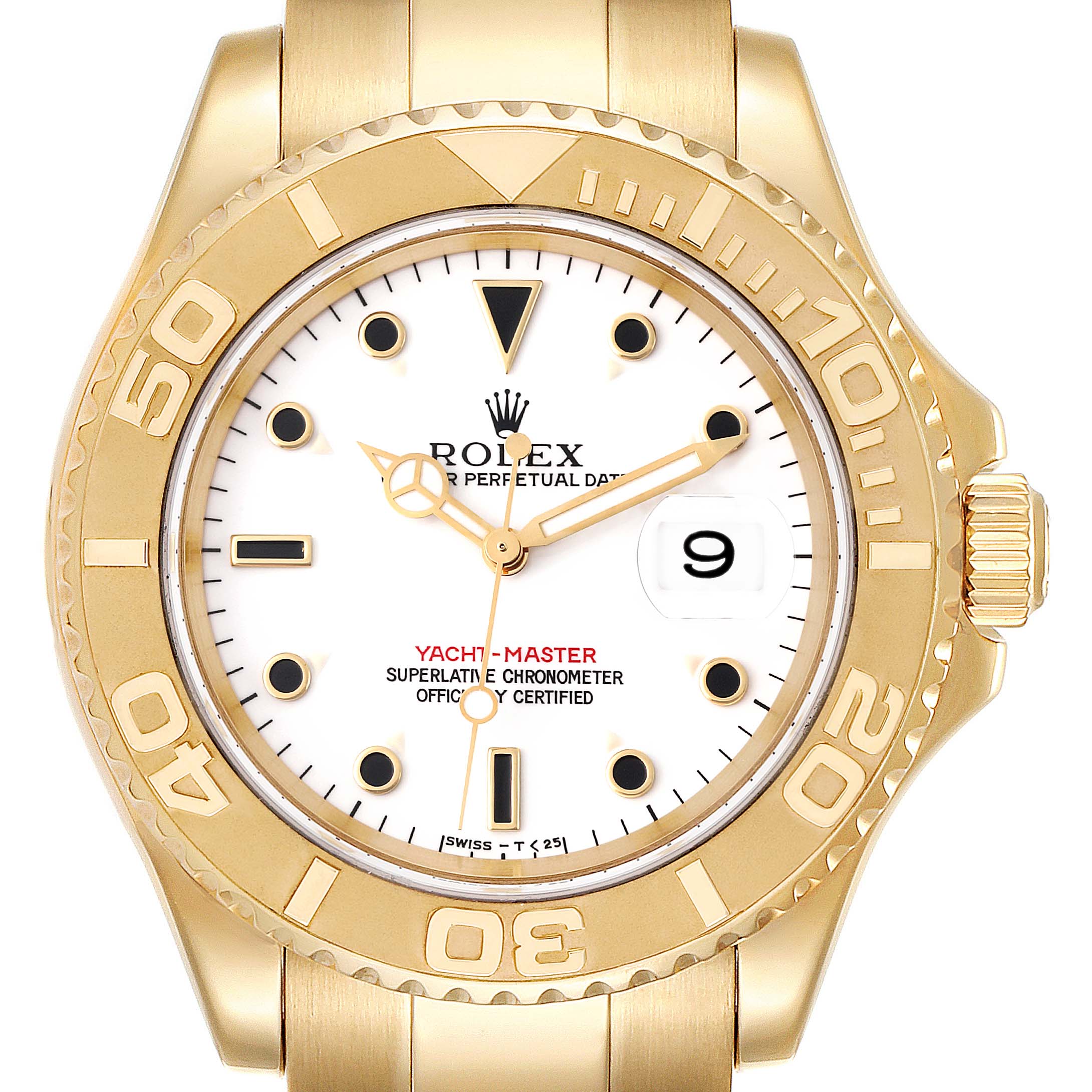 The image shows a frontal view of a Rolex Yacht-Master 16628 Men's Yellow Gold White Dial 16628 Men's Yellow Gold White Dial watch, featuring its bezel, dial, hands, and crown.
