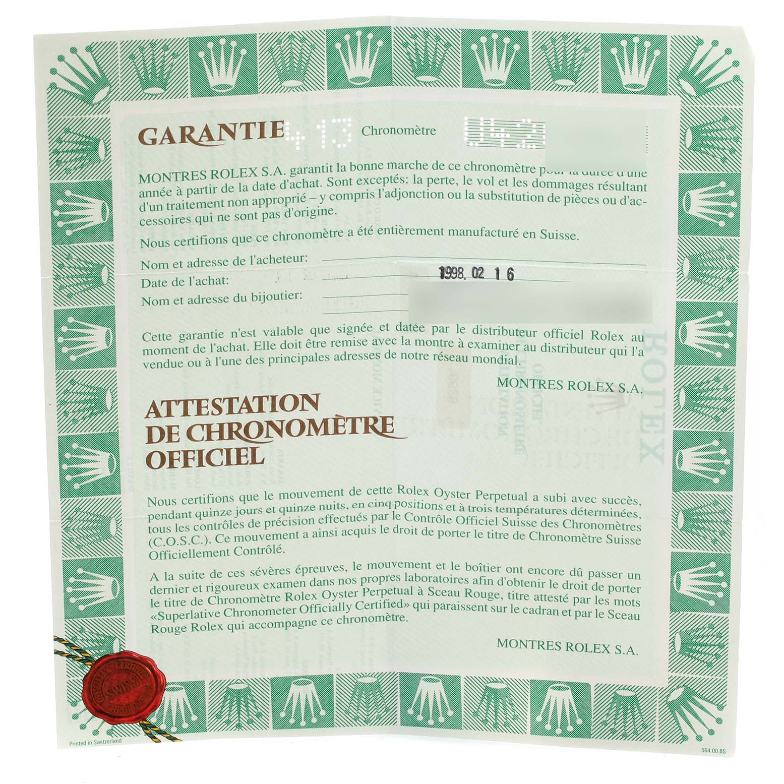 This image shows a warranty certificate for the Rolex Yacht-Master 16628 Men's Yellow Gold White Dial 16628 Men's Yellow Gold White Dial model, featuring text and logos at a straight-on angle.