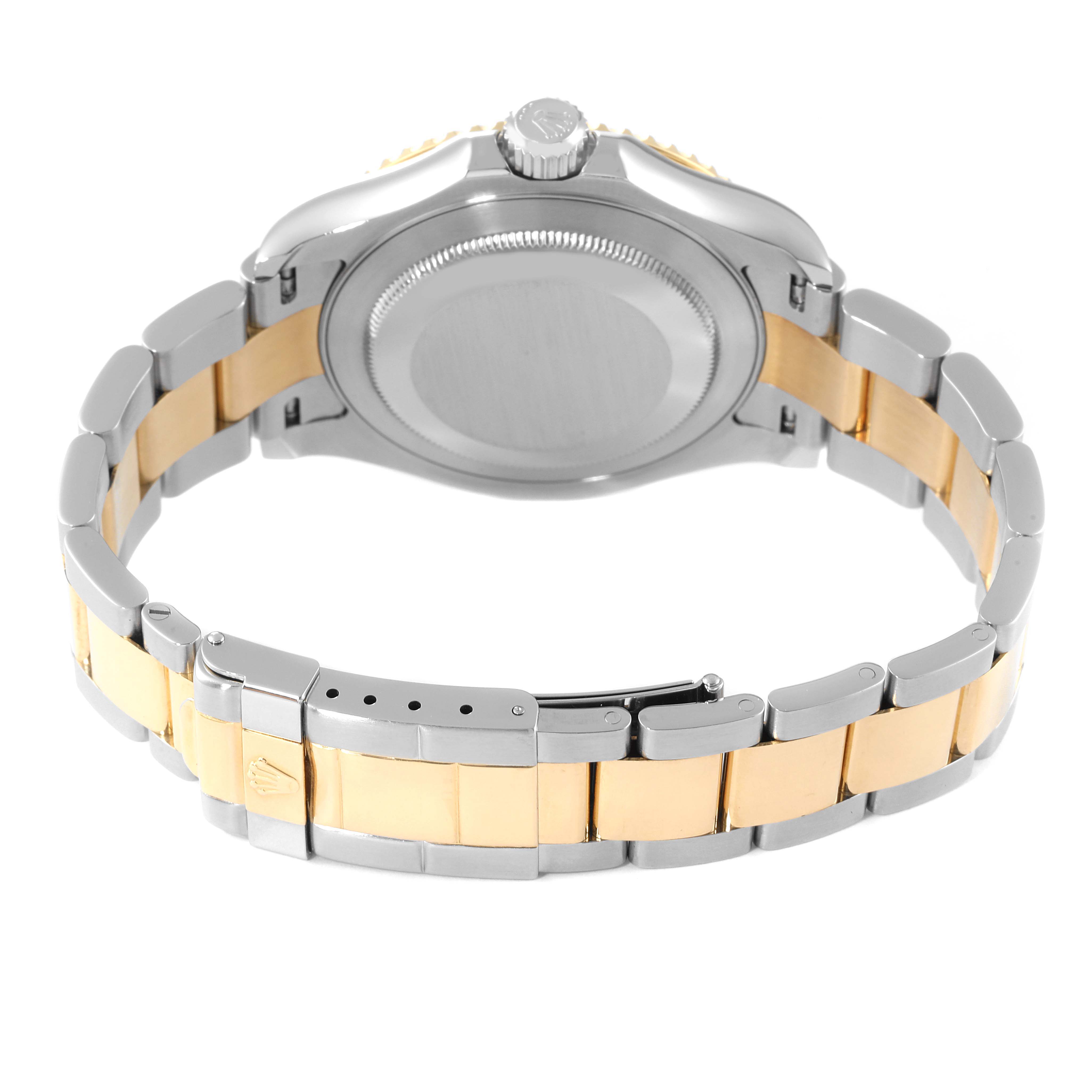 The image shows the back view of a Rolex Yacht-Master 16623 Men
s Steel and Gold (two tone) White Dial 16623 Men
s Steel and Gold (two tone) White Dial watch, highlighting the two-tone bracelet and clasp.