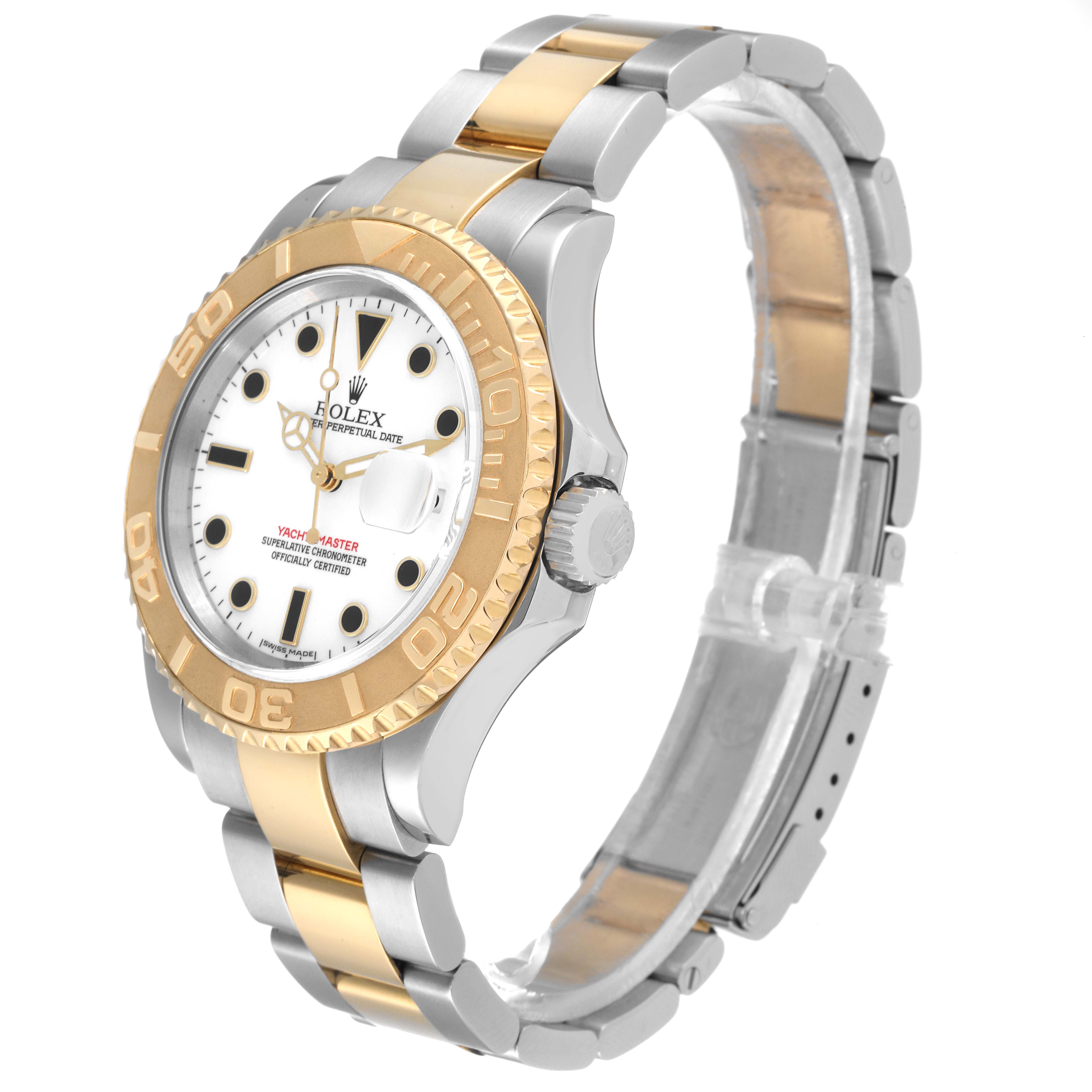 The Rolex Yacht-Master 16623 Men
s Steel and Gold (two tone) White Dial 16623 Men
s Steel and Gold (two tone) White Dial watch is shown at a slight angle displaying the dial, bezel, crown, and bracelet.