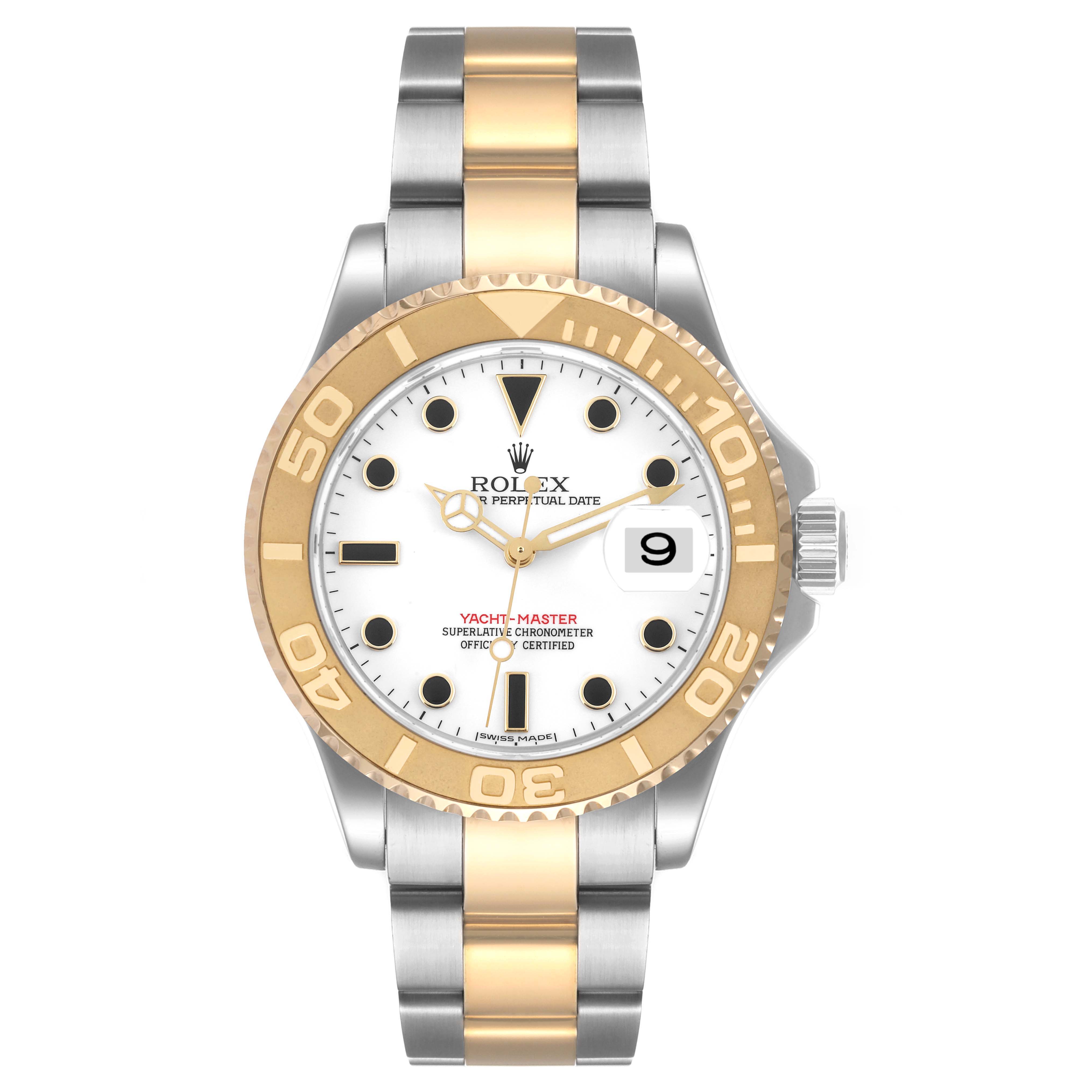 This image shows a front view of the Rolex Yacht-Master 16623 Men
s Steel and Gold (two tone) White Dial 16623 Men
s Steel and Gold (two tone) White Dial watch, highlighting the dial, bezel, and two-tone bracelet.