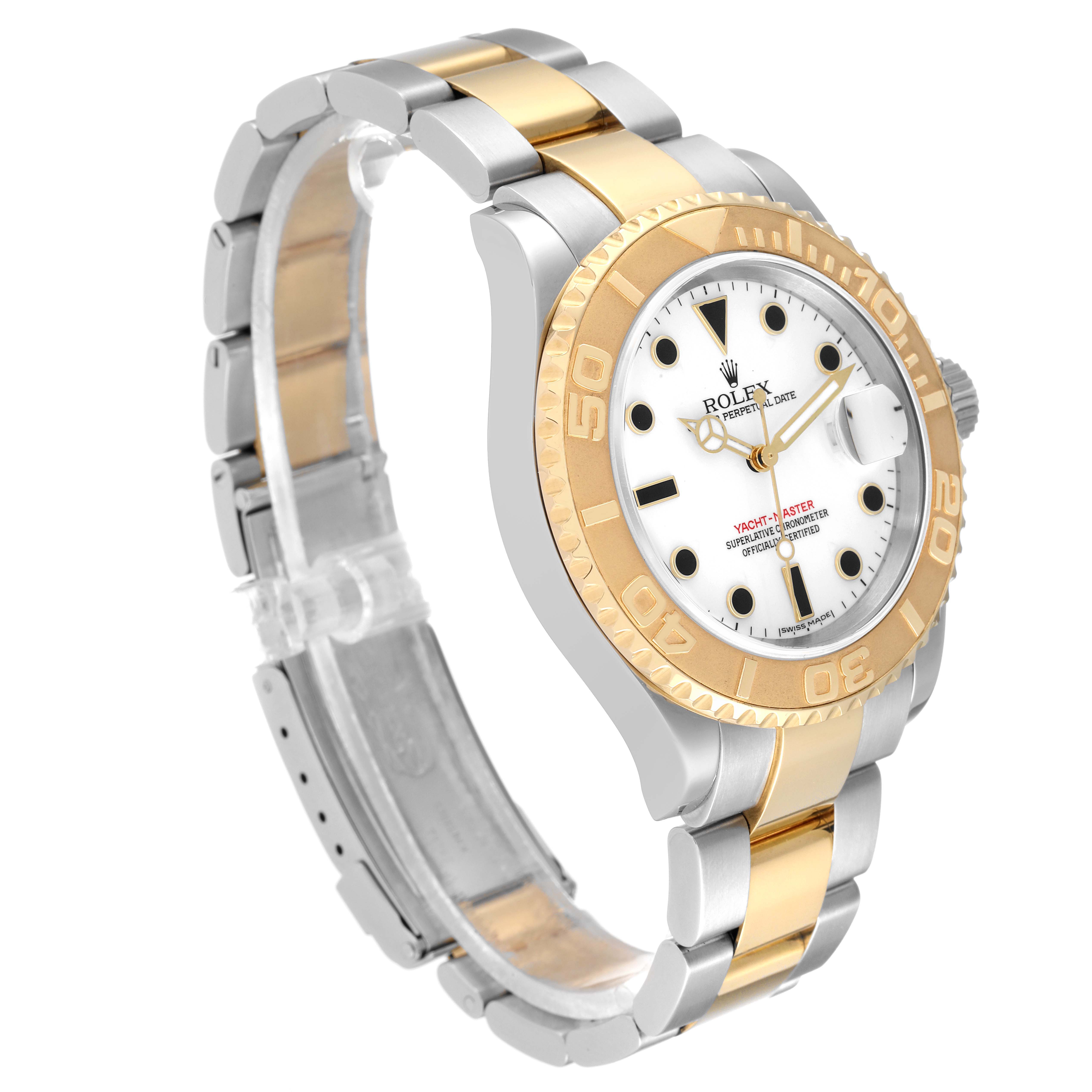 This image shows a Rolex Yacht-Master 16623 Men
s Steel and Gold (two tone) White Dial 16623 Men
s Steel and Gold (two tone) White Dial watch at a side angle, highlighting its two-tone band and bezel.