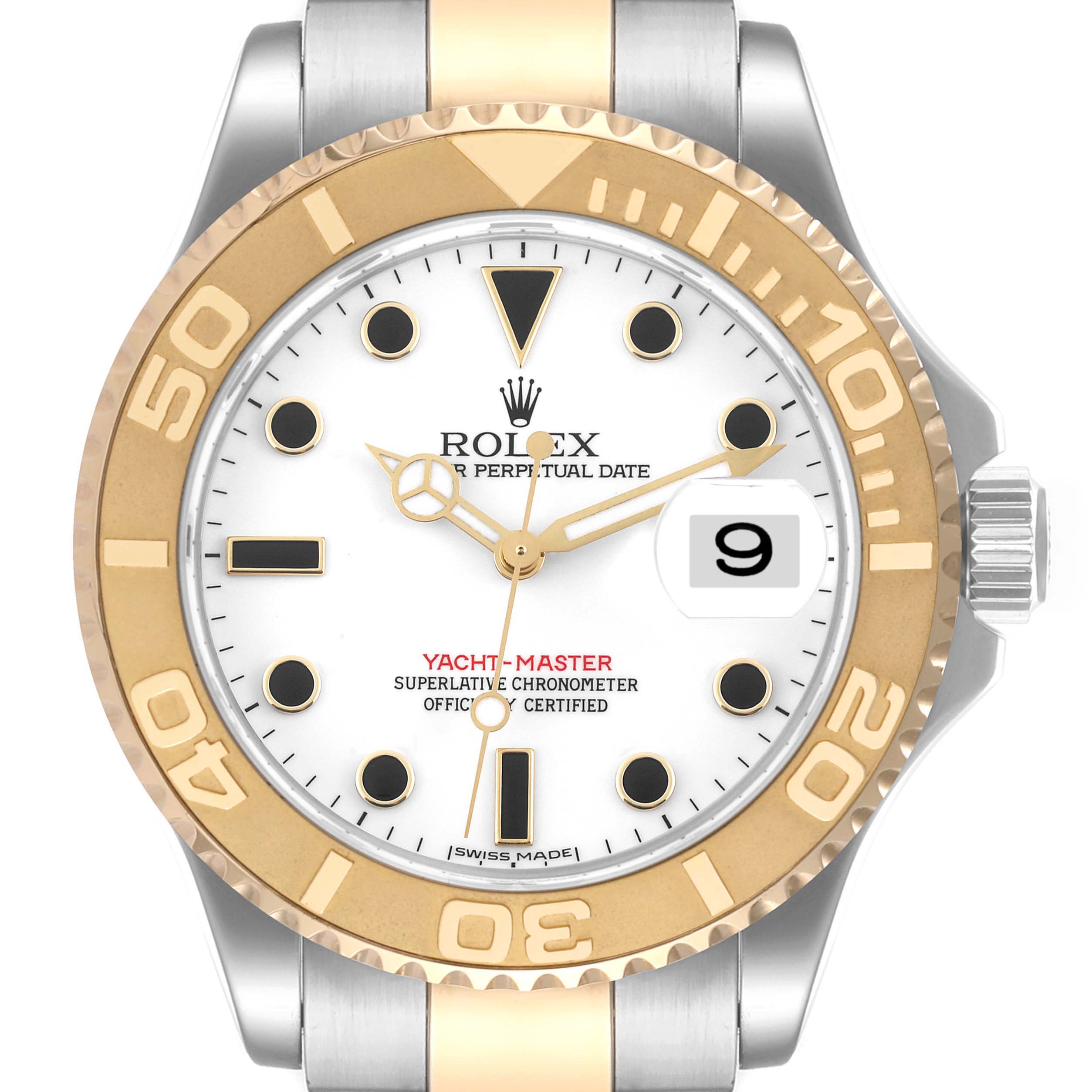 This Rolex Yacht-Master 16623 Men
s Steel and Gold (two tone) White Dial 16623 Men
s Steel and Gold (two tone) White Dial watch is shown from a straight-on angle, highlighting its dial, bezel, and part of the bracelet.