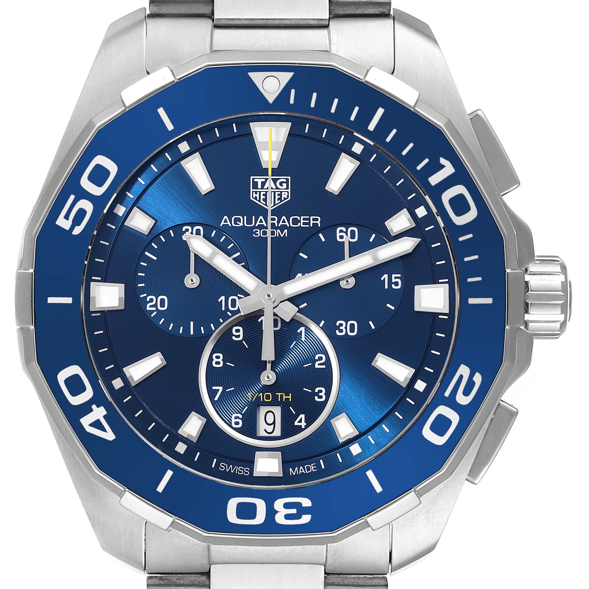 This is a close-up image of the face of a Tag Heuer Aquaracer CAY111B Men's Stainless Steel Blue Dial CAY111B Men's Stainless Steel Blue Dial watch, showing the dial, subdials, and bezel.