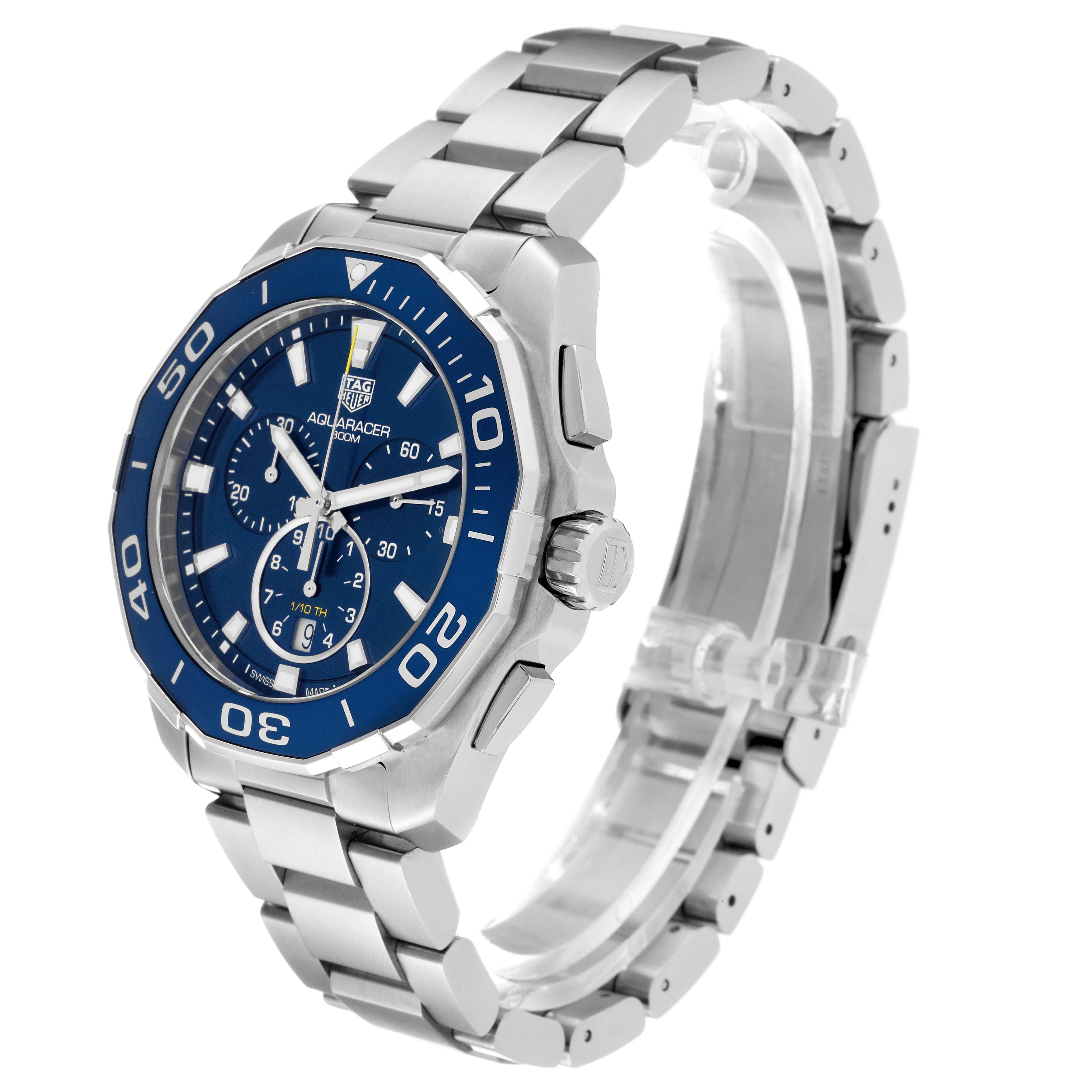 The image shows a Tag Heuer Aquaracer CAY111B Men's Stainless Steel Blue Dial CAY111B Men's Stainless Steel Blue Dial watch at a three-quarter angle, highlighting the blue dial, bezel, and metal bracelet.