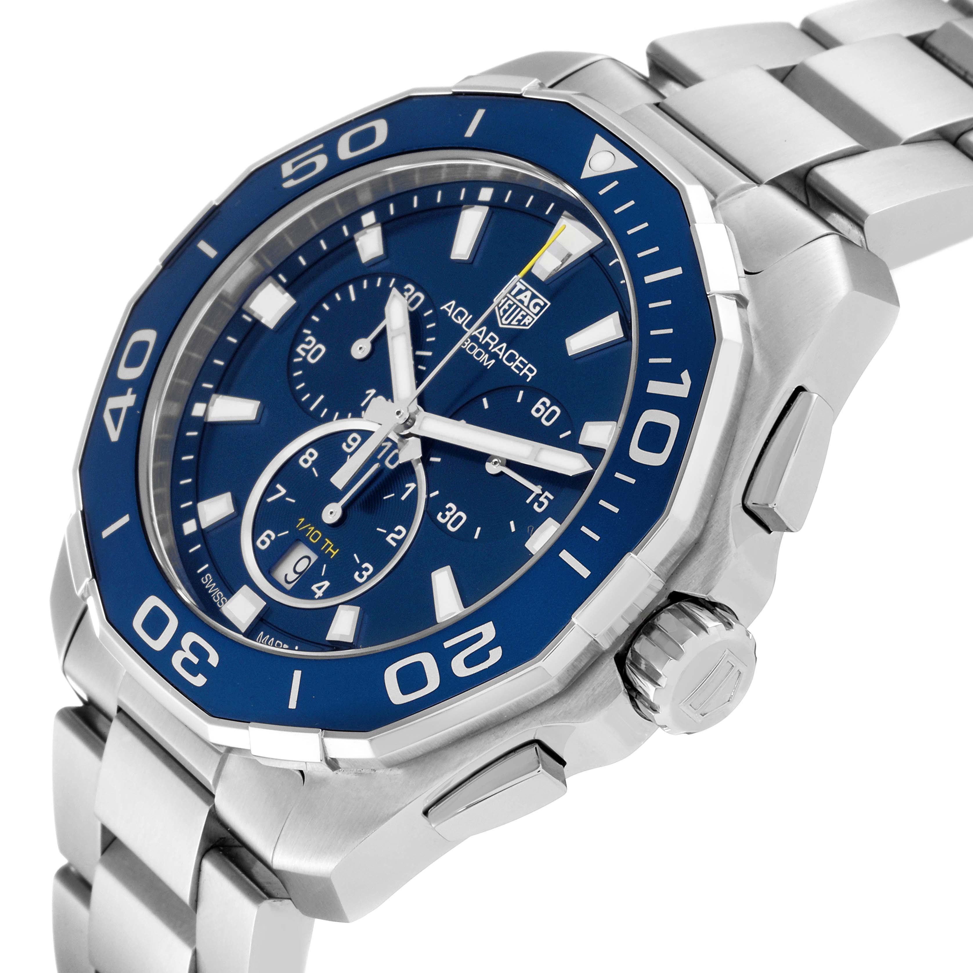 The image shows a close-up angled view of the face, bezel, crown, and part of the bracelet of a Tag Heuer Aquaracer CAY111B Men's Stainless Steel Blue Dial CAY111B Men's Stainless Steel Blue Dial watch.