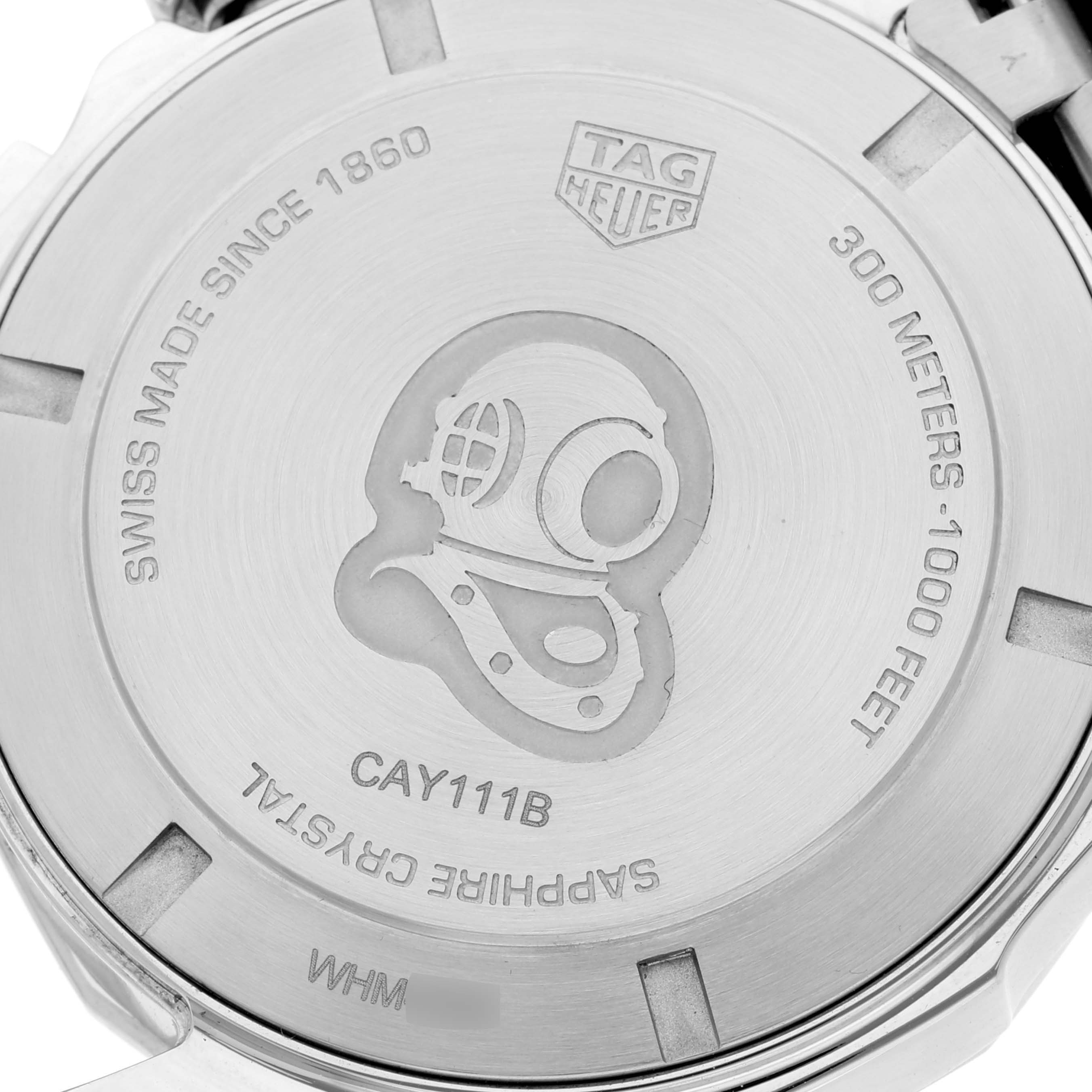 This image shows the back of a Tag Heuer Aquaracer CAY111B Men's Stainless Steel Blue Dial CAY111B Men's Stainless Steel Blue Dial watch, highlighting the model number and water resistance.