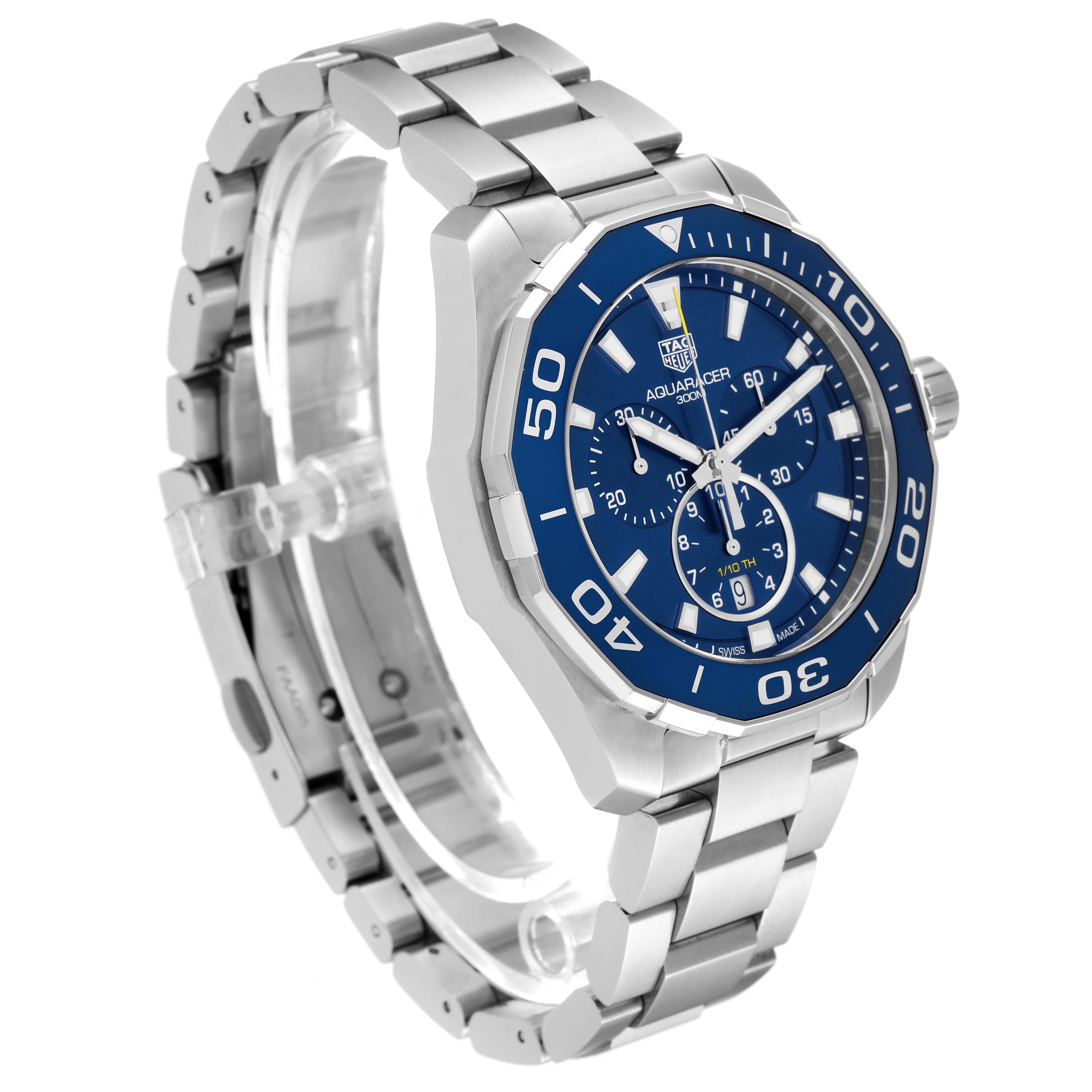 The image shows a Tag Heuer Aquaracer CAY111B Men's Stainless Steel Blue Dial CAY111B Men's Stainless Steel Blue Dial watch with a blue dial and bezel, viewed from an angled side perspective.
