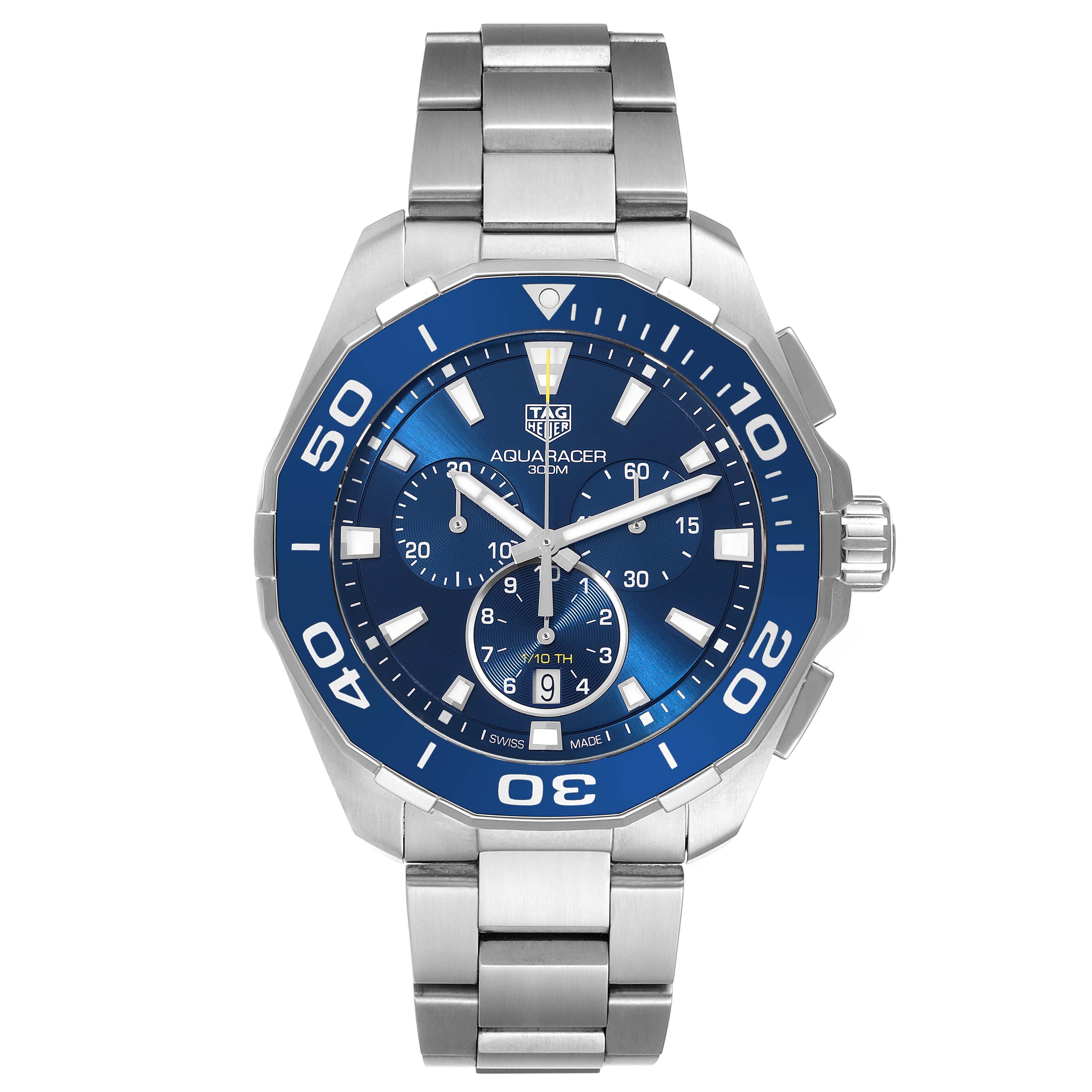 The image shows a front view of a Tag Heuer Aquaracer CAY111B Men's Stainless Steel Blue Dial CAY111B Men's Stainless Steel Blue Dial watch with a blue dial and stainless steel bracelet.