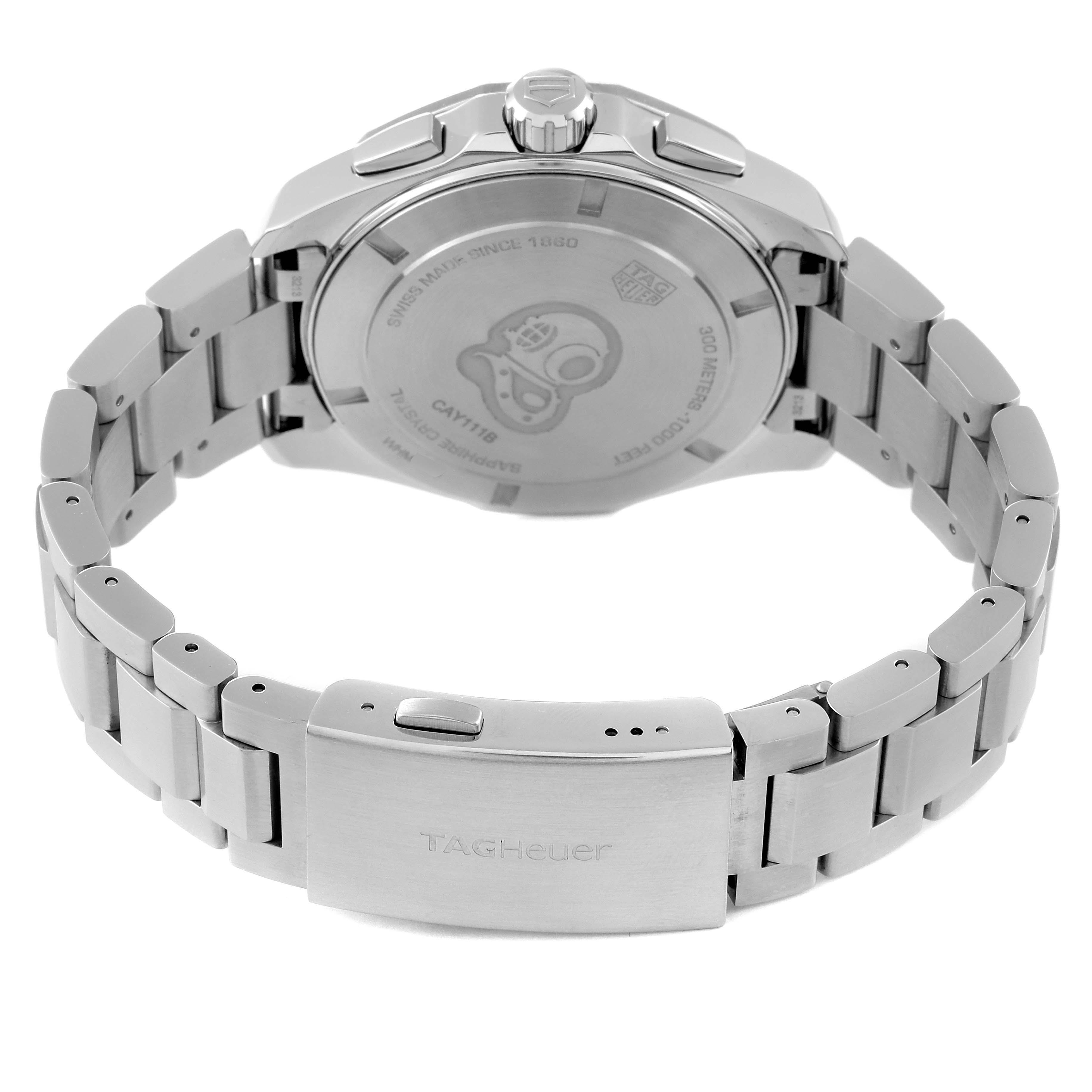 The image shows the back view of the Tag Heuer Aquaracer CAY111B Men's Stainless Steel Blue Dial CAY111B Men's Stainless Steel Blue Dial watch, featuring the case back, bracelet, and clasp.