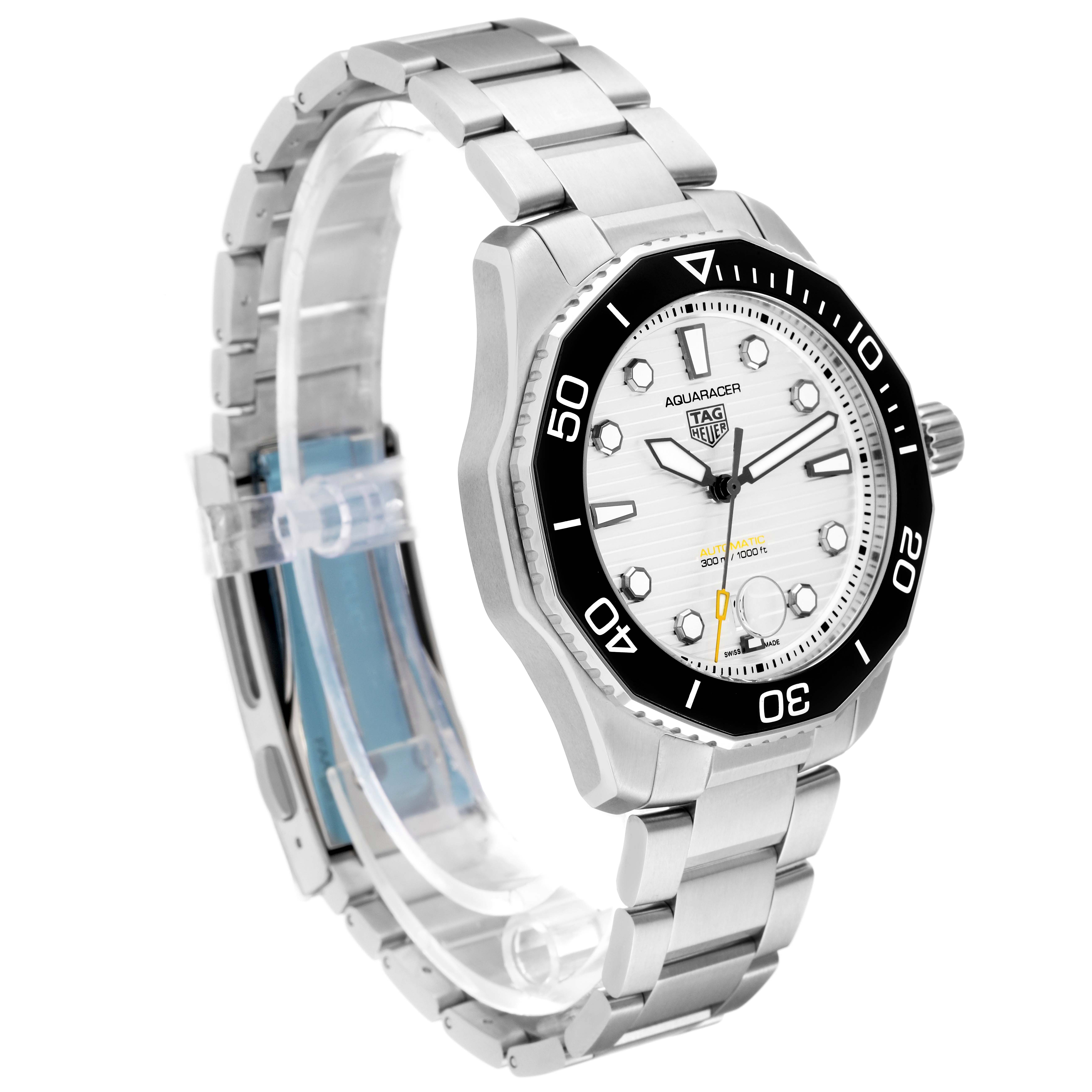 The image shows a side angle view of the Tag Heuer Aquaracer WBP201C Men's Stainless Steel Silver Dial WBP201C Men's Stainless Steel Silver Dial watch, highlighting the bezel, dial, and bracelet.