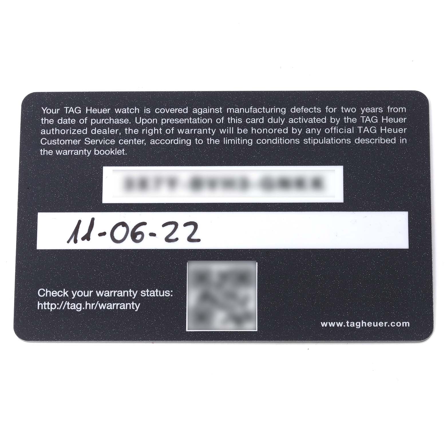 The image shows a warranty card for a Tag Heuer Aquaracer WBP201C Men's Stainless Steel Silver Dial WBP201C Men's Stainless Steel Silver Dial watch, featuring text details, purchase date, and a QR code.