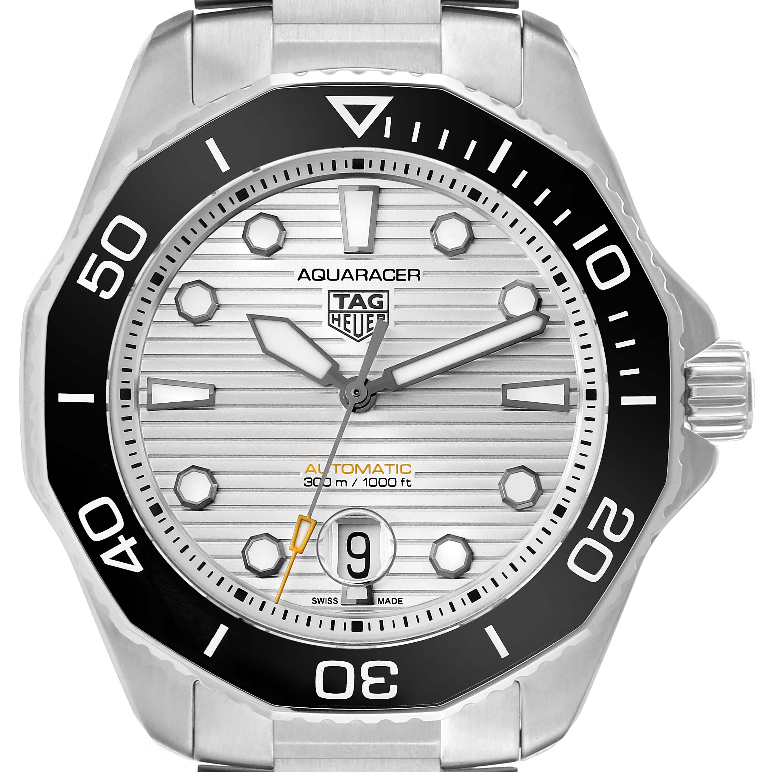 The image shows a frontal view of the Tag Heuer Aquaracer WBP201C Men's Stainless Steel Silver Dial WBP201C Men's Stainless Steel Silver Dial watch, highlighting its dial, bezel, and crown.
