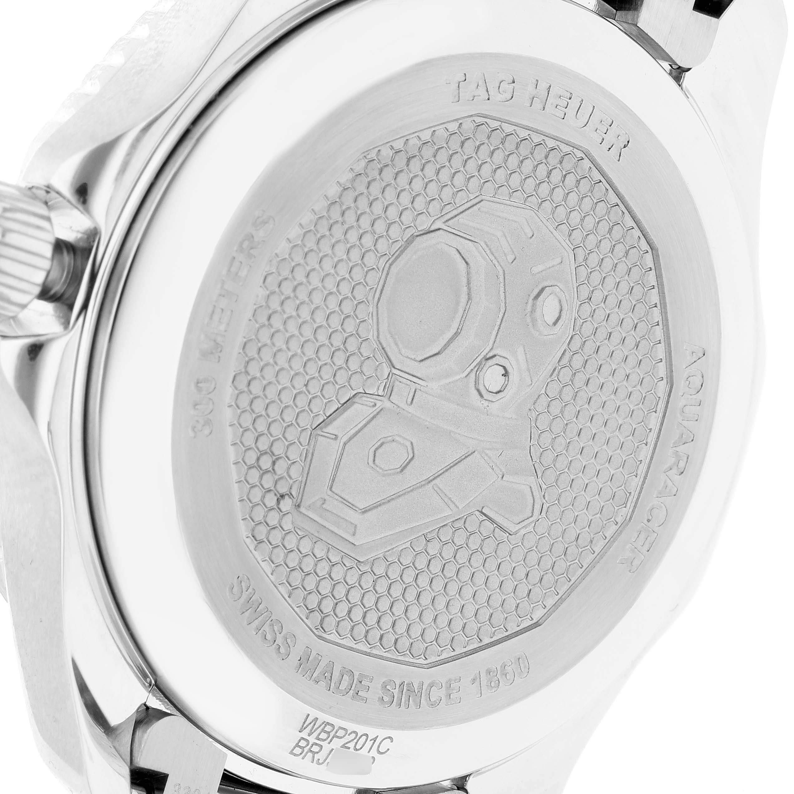 This image shows the back of the Tag Heuer Aquaracer WBP201C Men's Stainless Steel Silver Dial WBP201C Men's Stainless Steel Silver Dial watch, highlighting its 300-meter water resistance and intricate engraving.