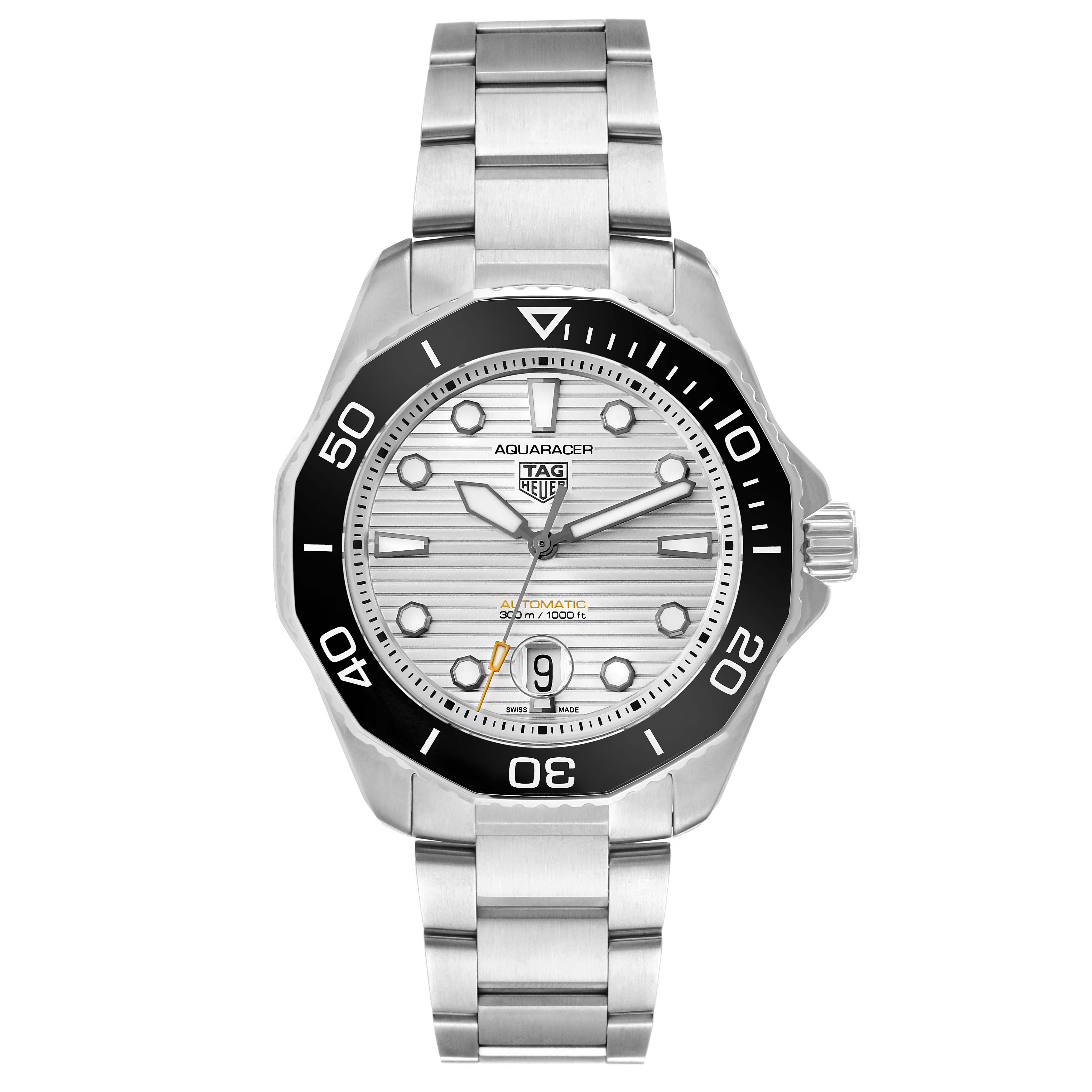 The image shows a front view of the Tag Heuer Aquaracer WBP201C Men's Stainless Steel Silver Dial WBP201C Men's Stainless Steel Silver Dial watch with a silver bracelet and black bezel.