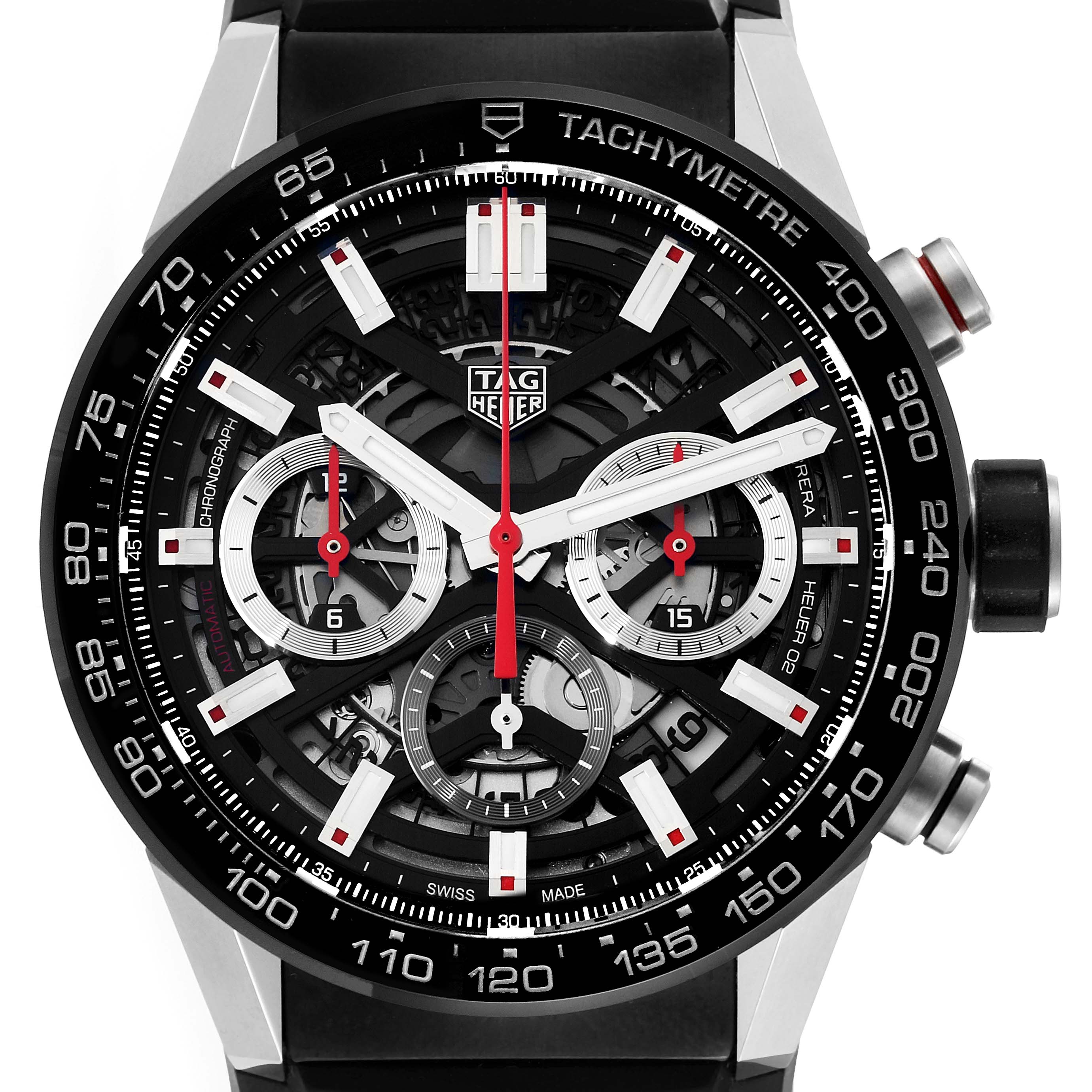 The image shows the front view of the Tag Heuer Carrera CBG2010 Men's Stainless Steel Black Dial CBG2010 Men's Stainless Steel Black Dial watch, highlighting its detailed dial with chronograph features and tachymeter bezel.