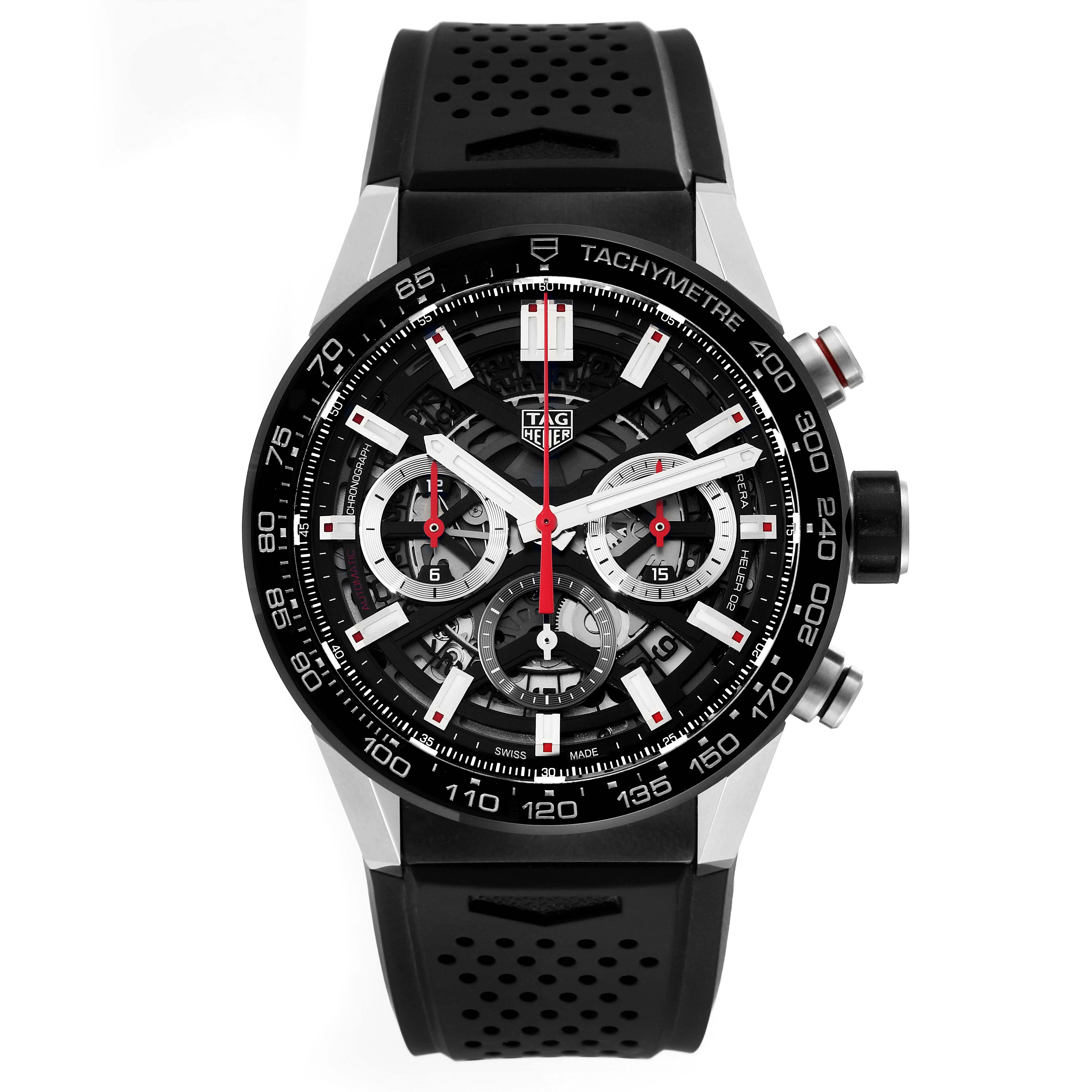 The image shows a frontal view of the Tag Heuer Carrera CBG2010 Men's Stainless Steel Black Dial CBG2010 Men's Stainless Steel Black Dial watch, highlighting the face, bezel, and strap.