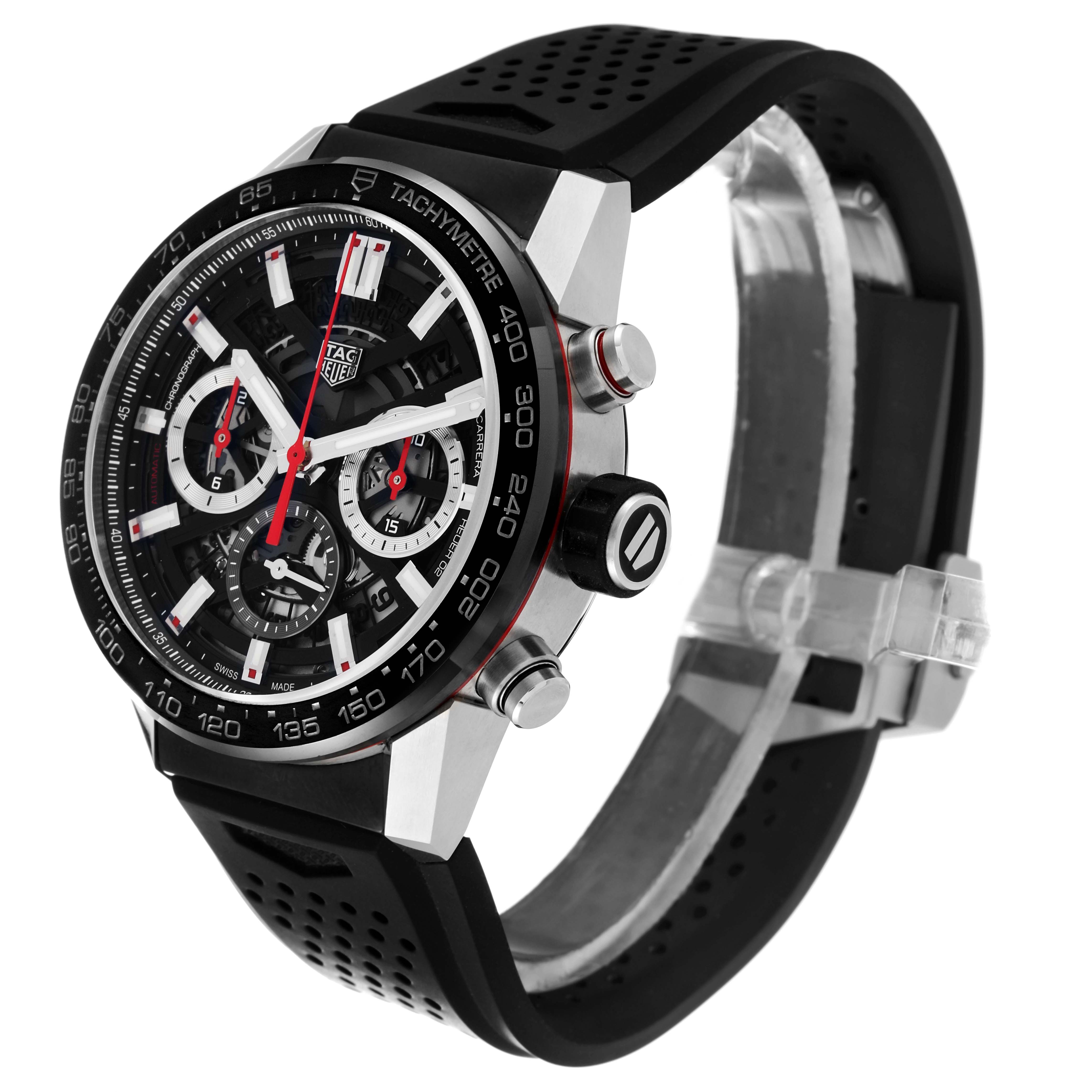 The image shows a side angle of a Tag Heuer Carrera CBG2010 Men's Stainless Steel Black Dial CBG2010 Men's Stainless Steel Black Dial watch, highlighting the face, bezel, chronograph buttons, crown, and strap.