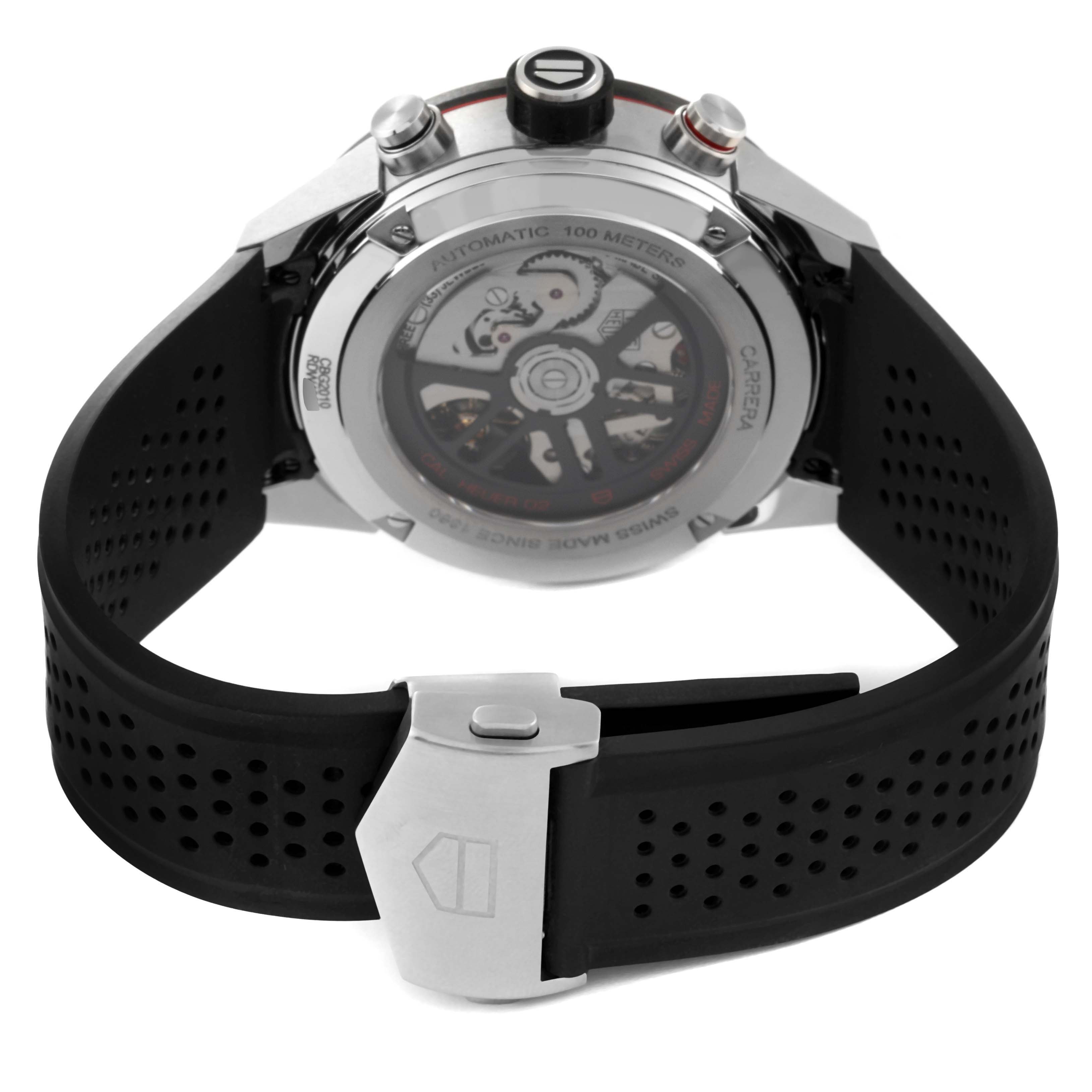 The image shows the back view of a Tag Heuer Carrera CBG2010 Men's Stainless Steel Black Dial CBG2010 Men's Stainless Steel Black Dial watch, focusing on the case back and rubber strap with clasp.