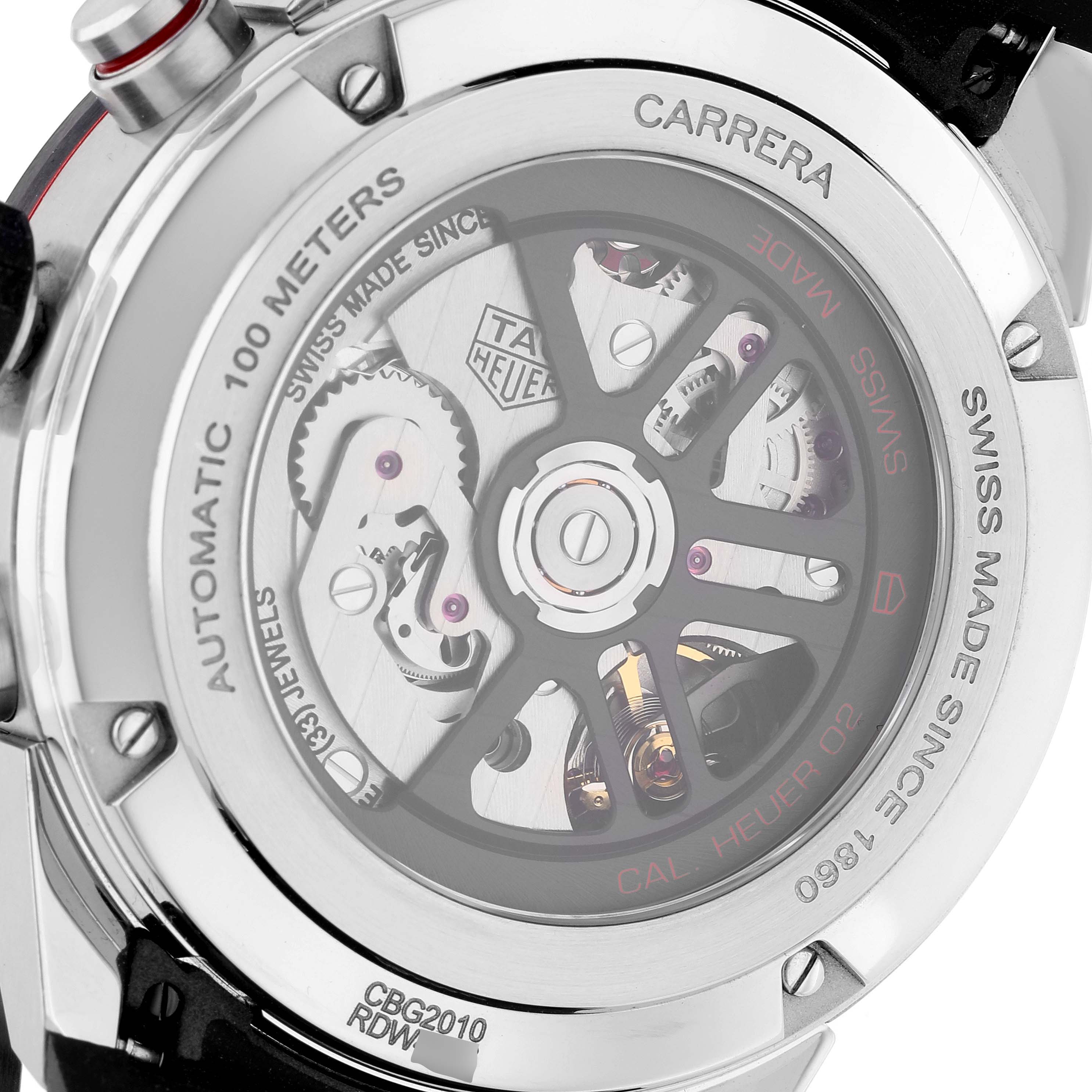 The image shows the back view of the Tag Heuer Carrera CBG2010 Men's Stainless Steel Black Dial CBG2010 Men's Stainless Steel Black Dial watch, highlighting its automatic movement mechanism.
