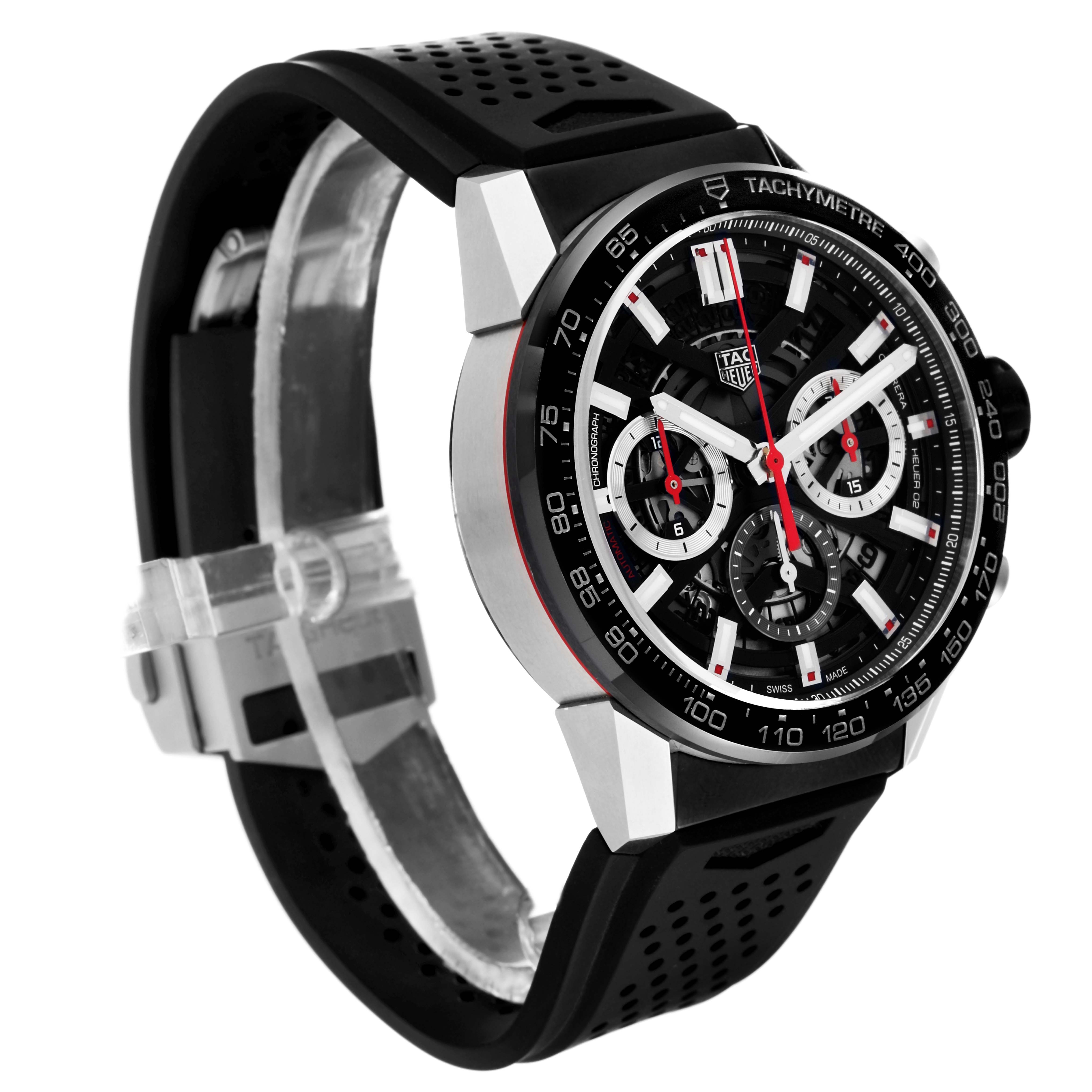The image shows a Tag Heuer Carrera CBG2010 Men's Stainless Steel Black Dial CBG2010 Men's Stainless Steel Black Dial watch at a slight side angle, featuring its face, bezel, and black rubber strap.