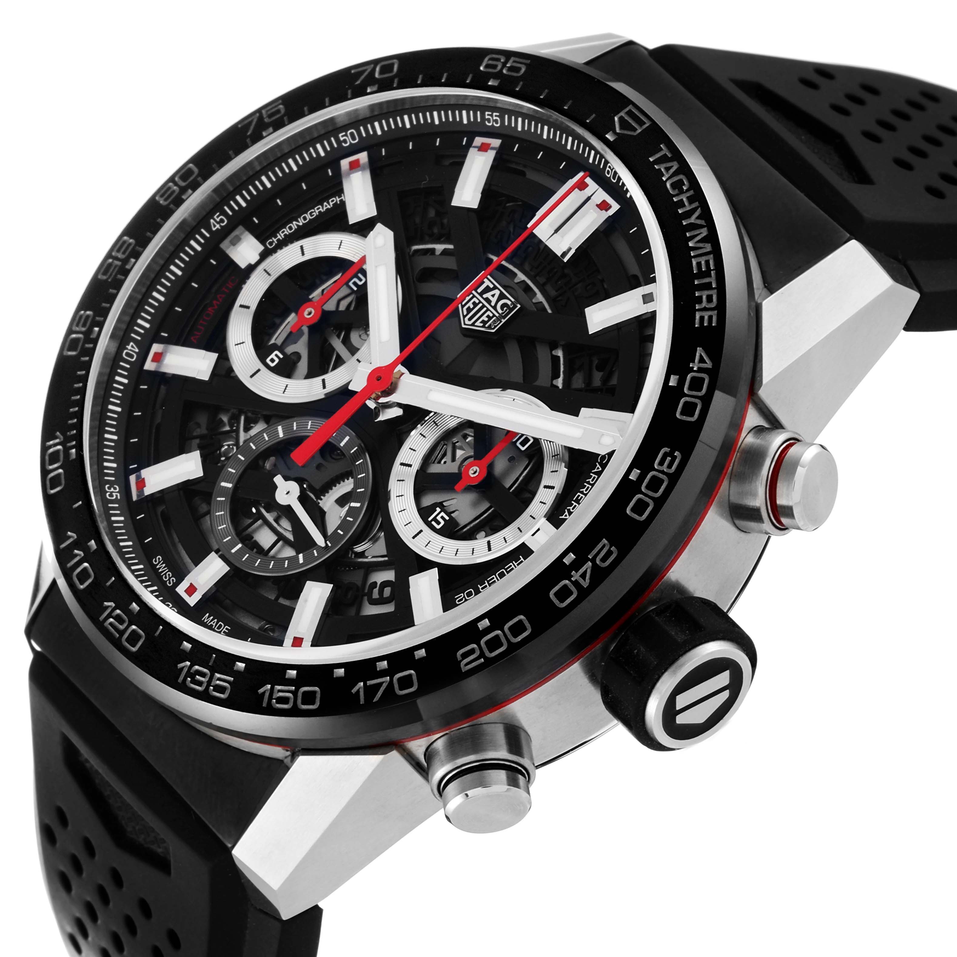 The image shows a close-up side angle of the Tag Heuer Carrera CBG2010 Men's Stainless Steel Black Dial CBG2010 Men's Stainless Steel Black Dial watch, highlighting its face, dial, crown, and tachymeter bezel.