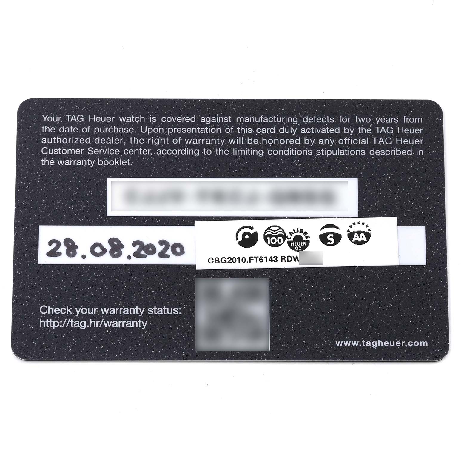 This image shows a warranty card for the Tag Heuer Carrera CBG2010 Men's Stainless Steel Black Dial CBG2010 Men's Stainless Steel Black Dial model watch, CBG2010.FT6143.