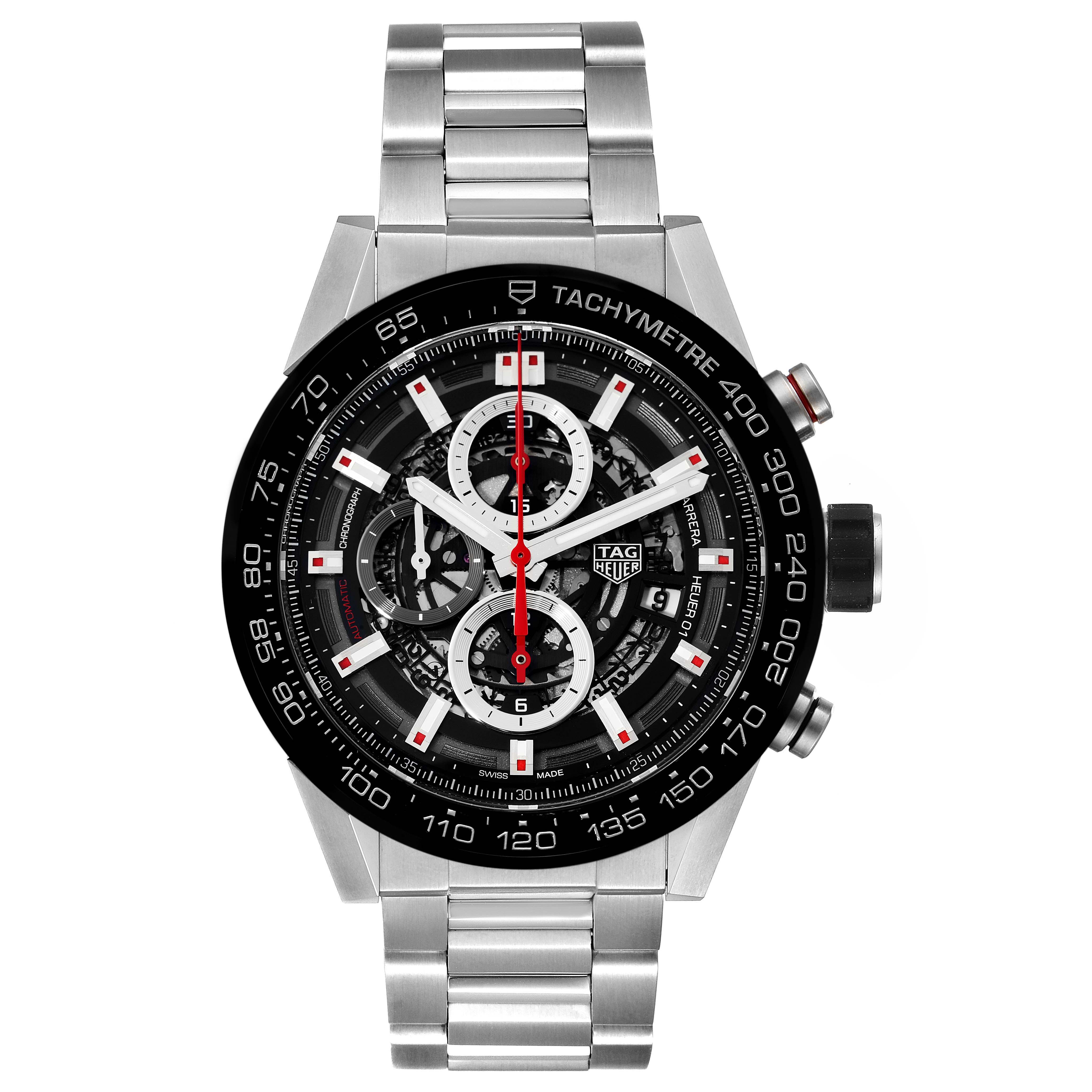 The image shows the front view of a Tag Heuer Carrera CAR2A1W.BA0703 Men's Stainless Steel Transparent Dial CAR2A1W.BA0703 Men's Stainless Steel Transparent Dial watch, highlighting its face, bezel, and metal bracelet.