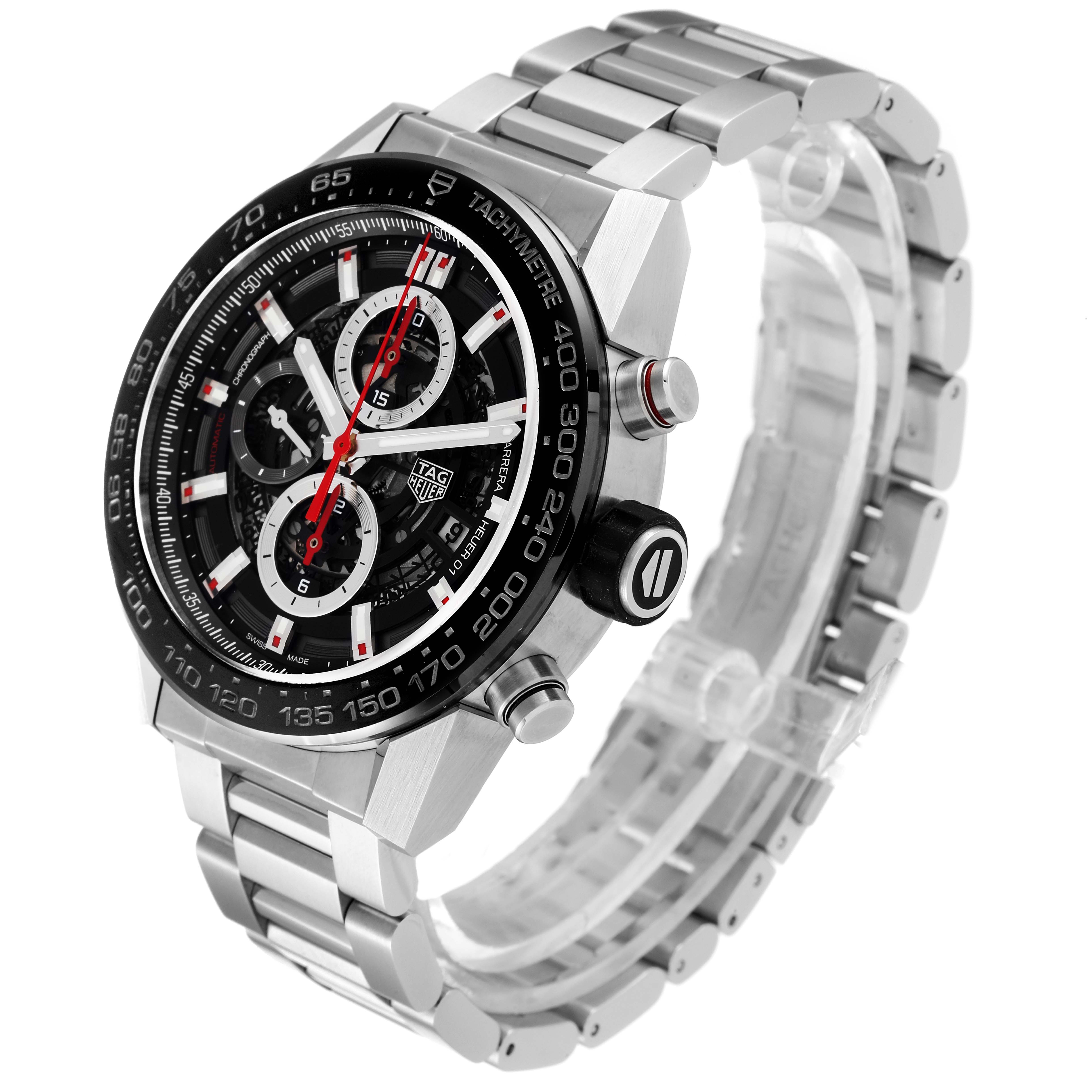 This image shows a Tag Heuer Carrera CAR2A1W.BA0703 Men's Stainless Steel Transparent Dial CAR2A1W.BA0703 Men's Stainless Steel Transparent Dial watch from a front-side angle, highlighting the face, crown, pushers, and metal bracelet.