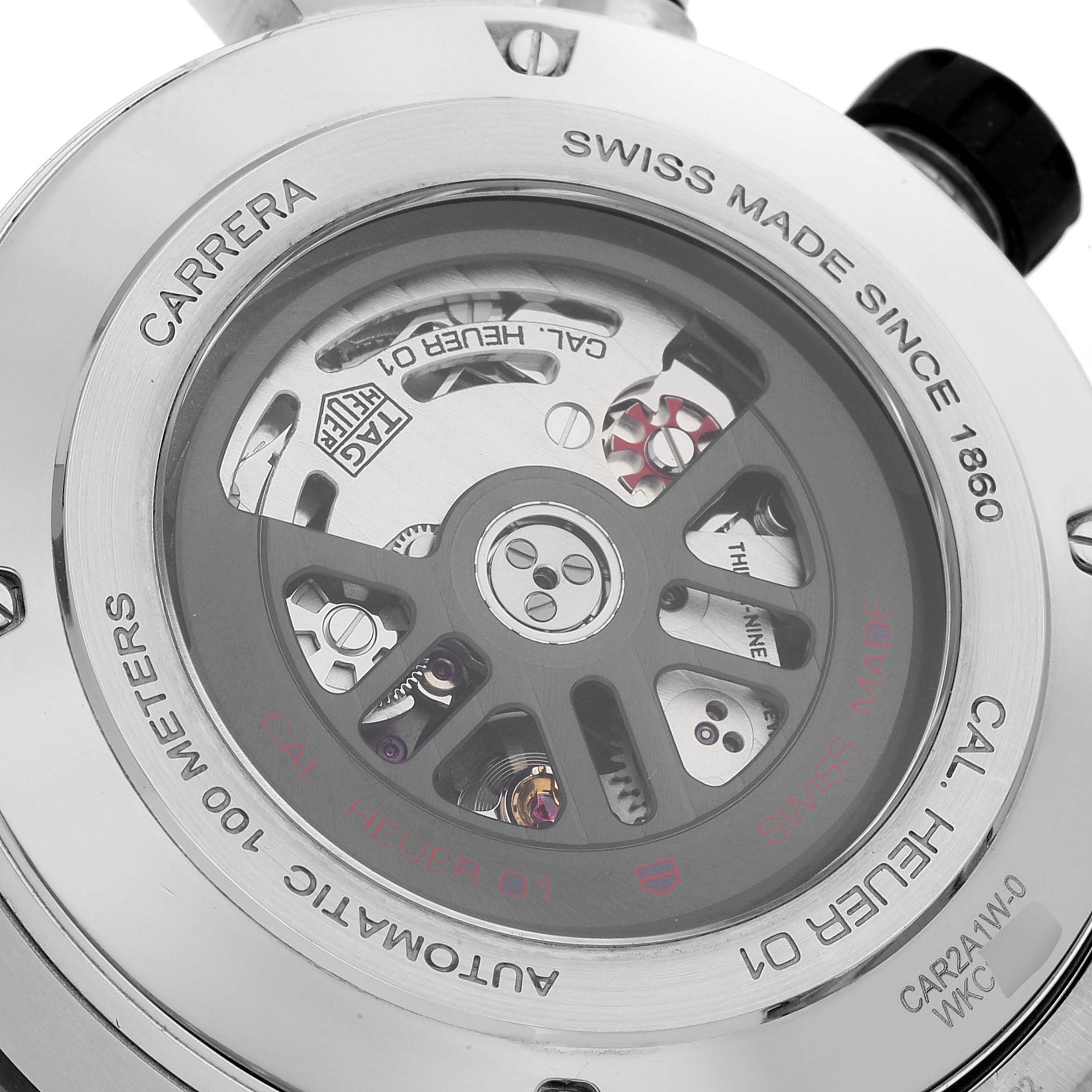 The image shows the back of a Tag Heuer Carrera CAR2A1W.BA0703 Men's Stainless Steel Transparent Dial CAR2A1W.BA0703 Men's Stainless Steel Transparent Dial watch, highlighting its automatic movement and inner mechanics.