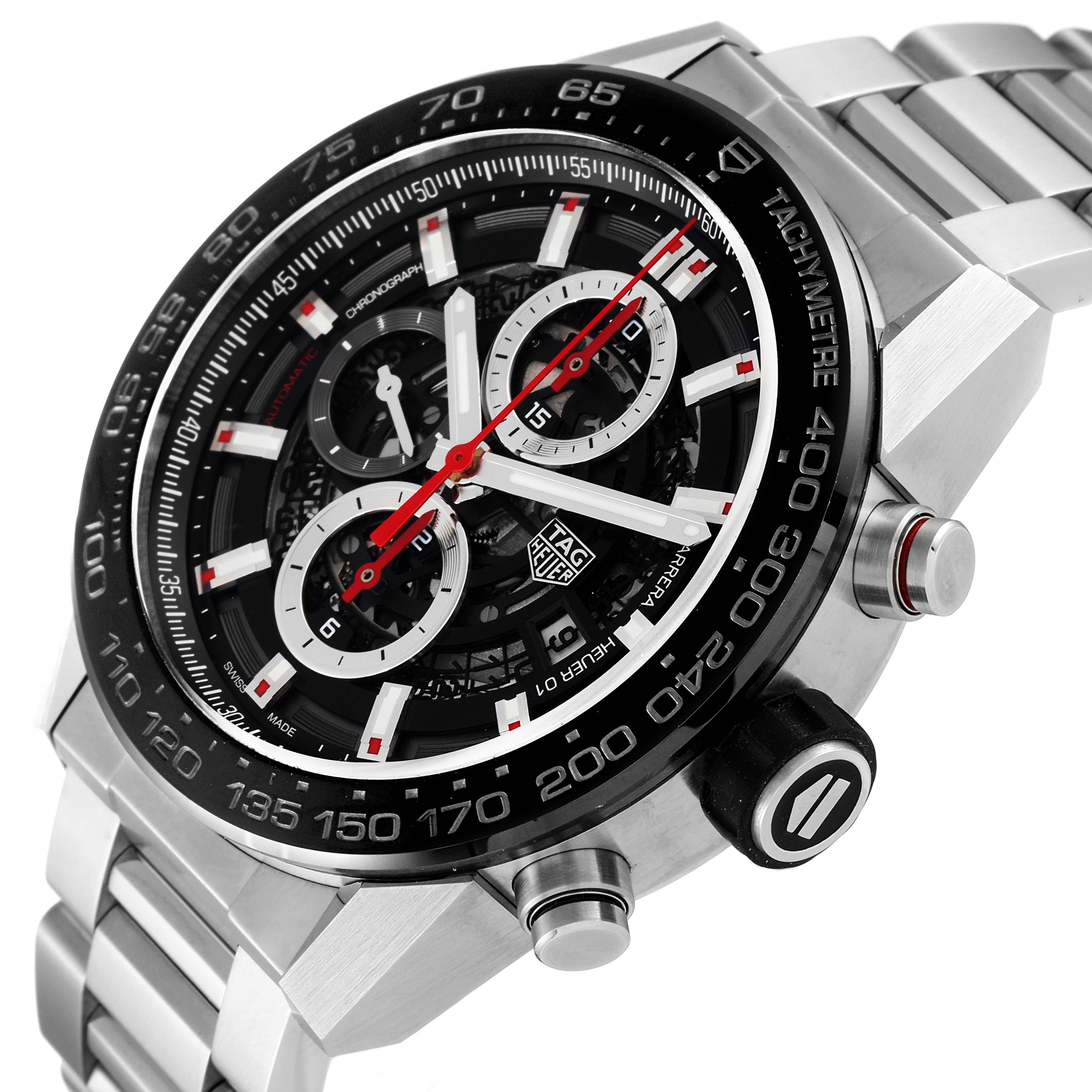 The image shows a Tag Heuer Carrera CAR2A1W.BA0703 Men's Stainless Steel Transparent Dial CAR2A1W.BA0703 Men's Stainless Steel Transparent Dial watch at an angled view, highlighting the dial, bezel, crown, and bracelet.