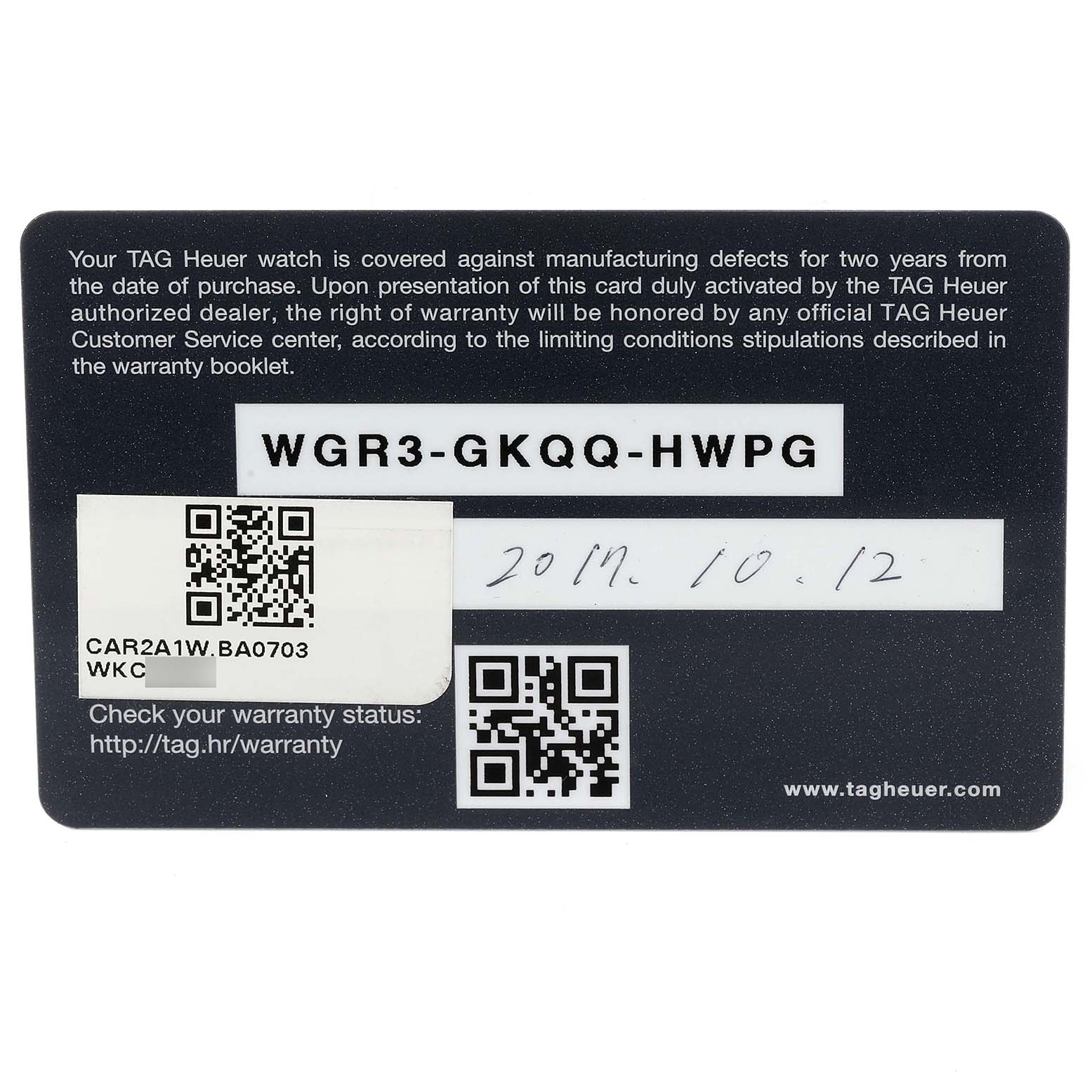 The image shows a warranty card for a Tag Heuer Carrera CAR2A1W.BA0703 Men's Stainless Steel Transparent Dial CAR2A1W.BA0703 Men's Stainless Steel Transparent Dial watch, containing a QR code, serial number, and warranty details.