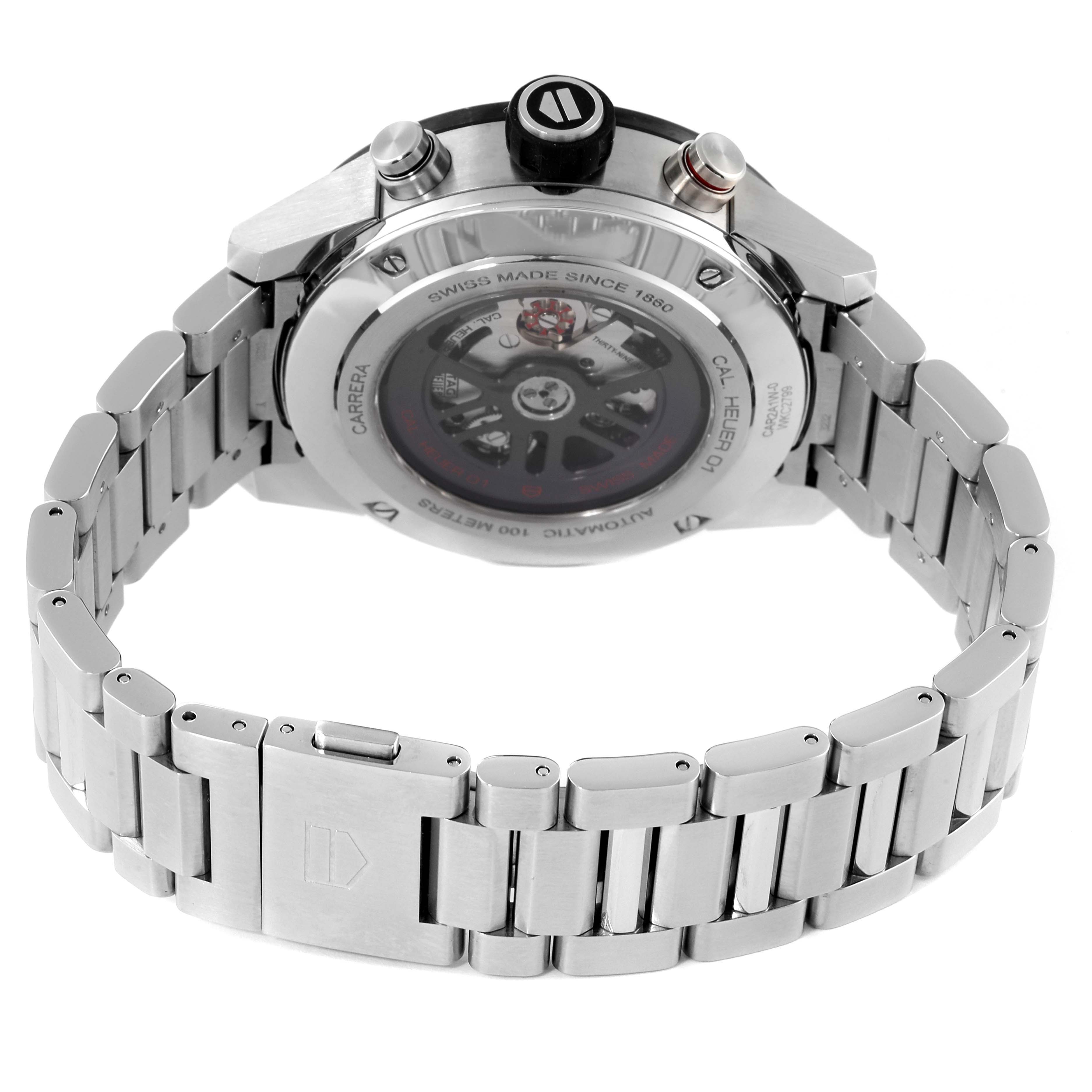 The image shows the back view of a Tag Heuer Carrera CAR2A1W.BA0703 Men's Stainless Steel Transparent Dial CAR2A1W.BA0703 Men's Stainless Steel Transparent Dial watch, highlighting its automatic movement and stainless steel bracelet.