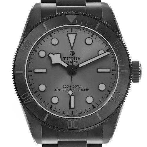 The Tudor Heritage Black Bay M7941A1ACNU-0001 Men's Ceramic Black Dial watch is shown from a front angle, highlighting the dial, bezel, crown, and bracelet.