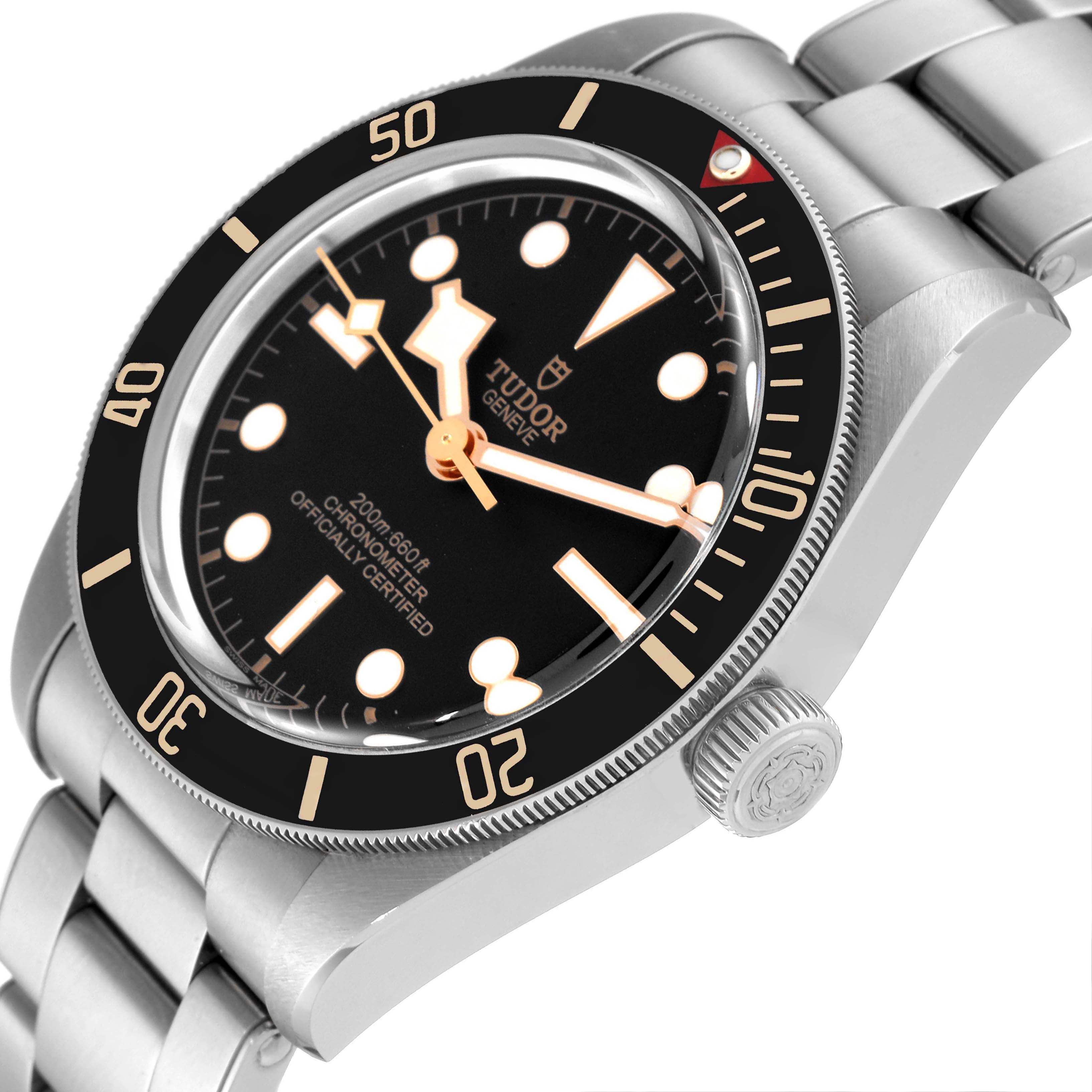 The image shows a close-up of the Tudor Heritage Black Bay 79030N Men's Stainless Steel Black Dial 79030N Men's Stainless Steel Black Dial watch, focusing on the face, bezel, and stainless steel bracelet.