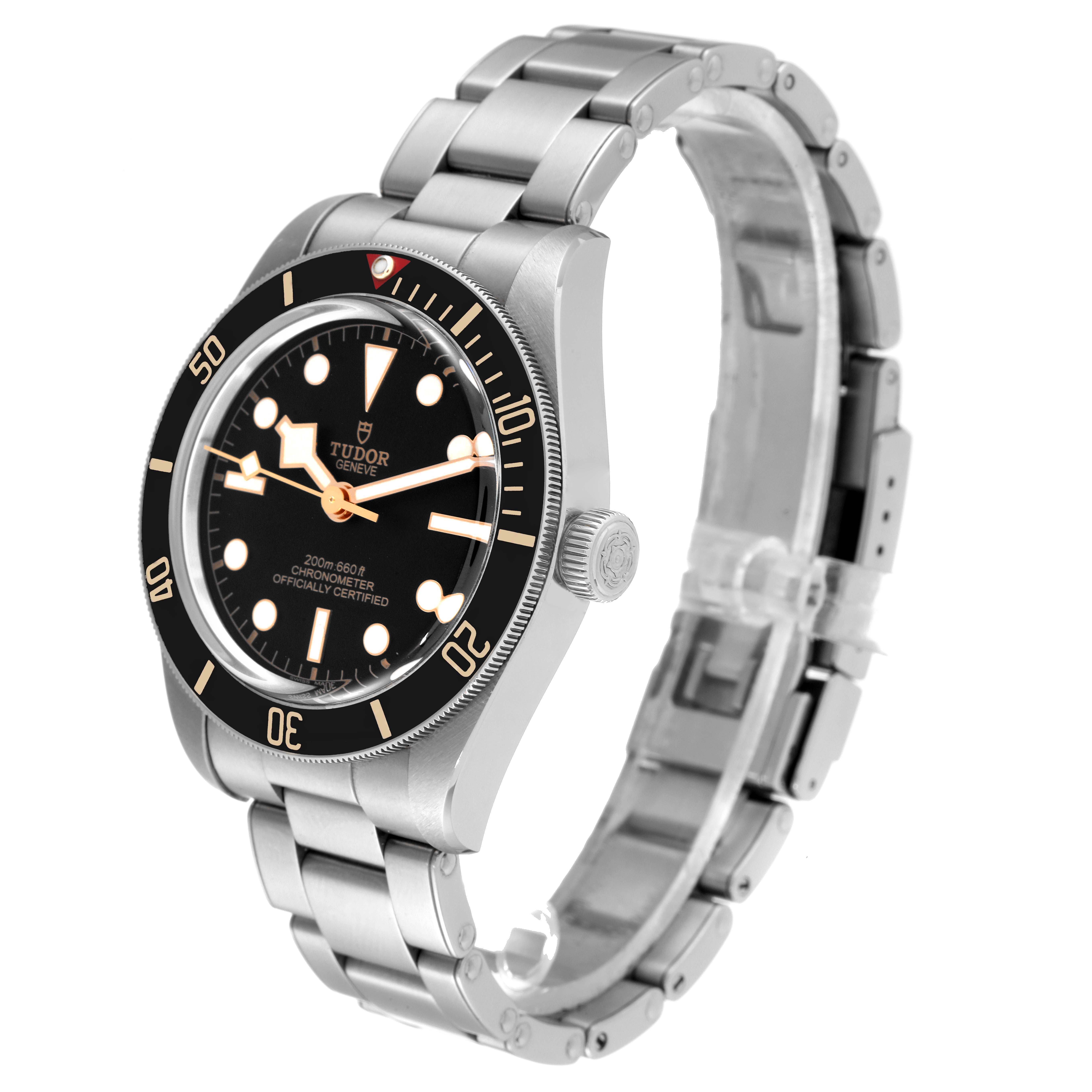 This image shows a Tudor Heritage Black Bay 79030N Men's Stainless Steel Black Dial 79030N Men's Stainless Steel Black Dial watch at an oblique angle, highlighting its dial, bezel, and bracelet.