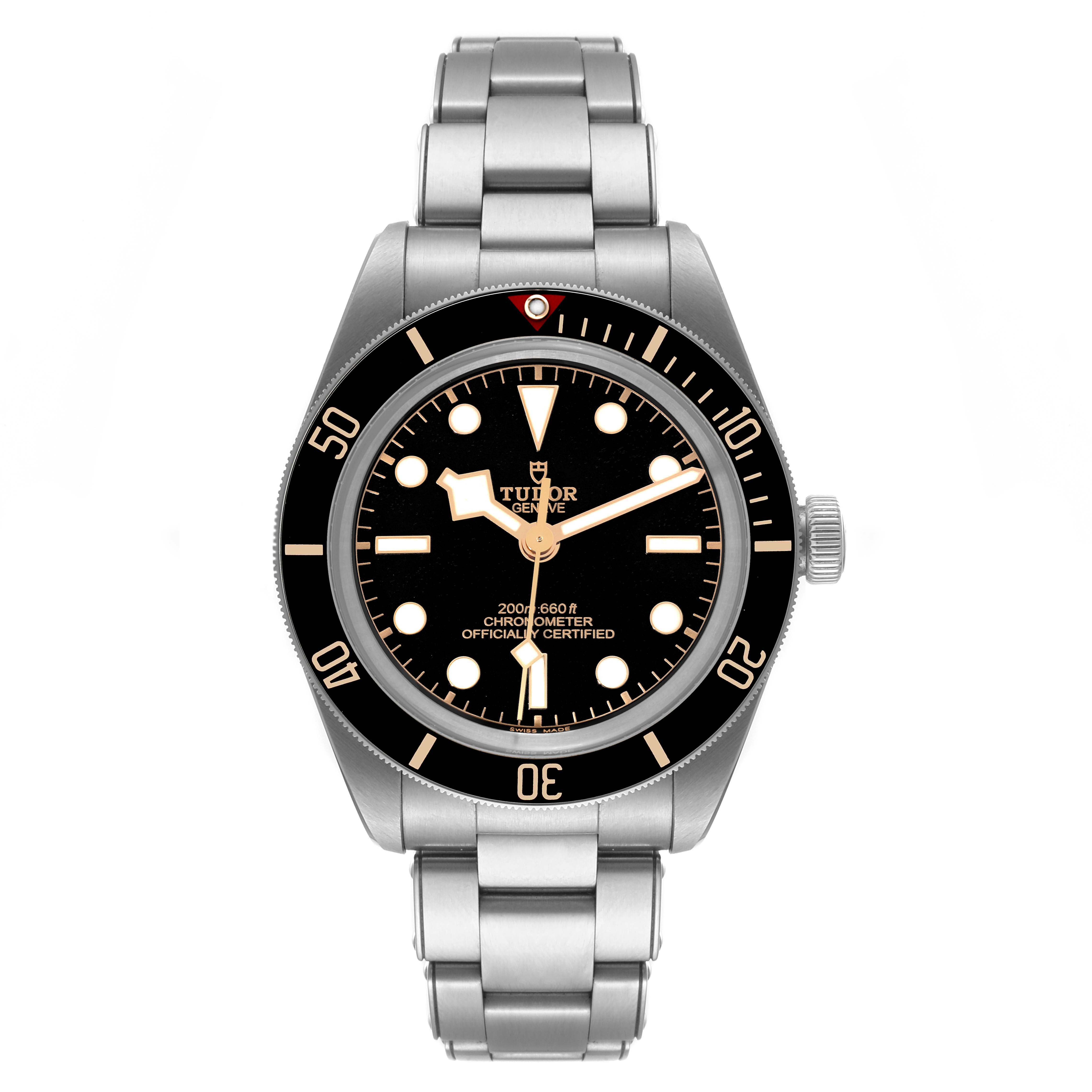 The image shows a front view of the Tudor Heritage Black Bay 79030N Men's Stainless Steel Black Dial 79030N Men's Stainless Steel Black Dial watch, displaying its black dial, bezel, and stainless steel bracelet.