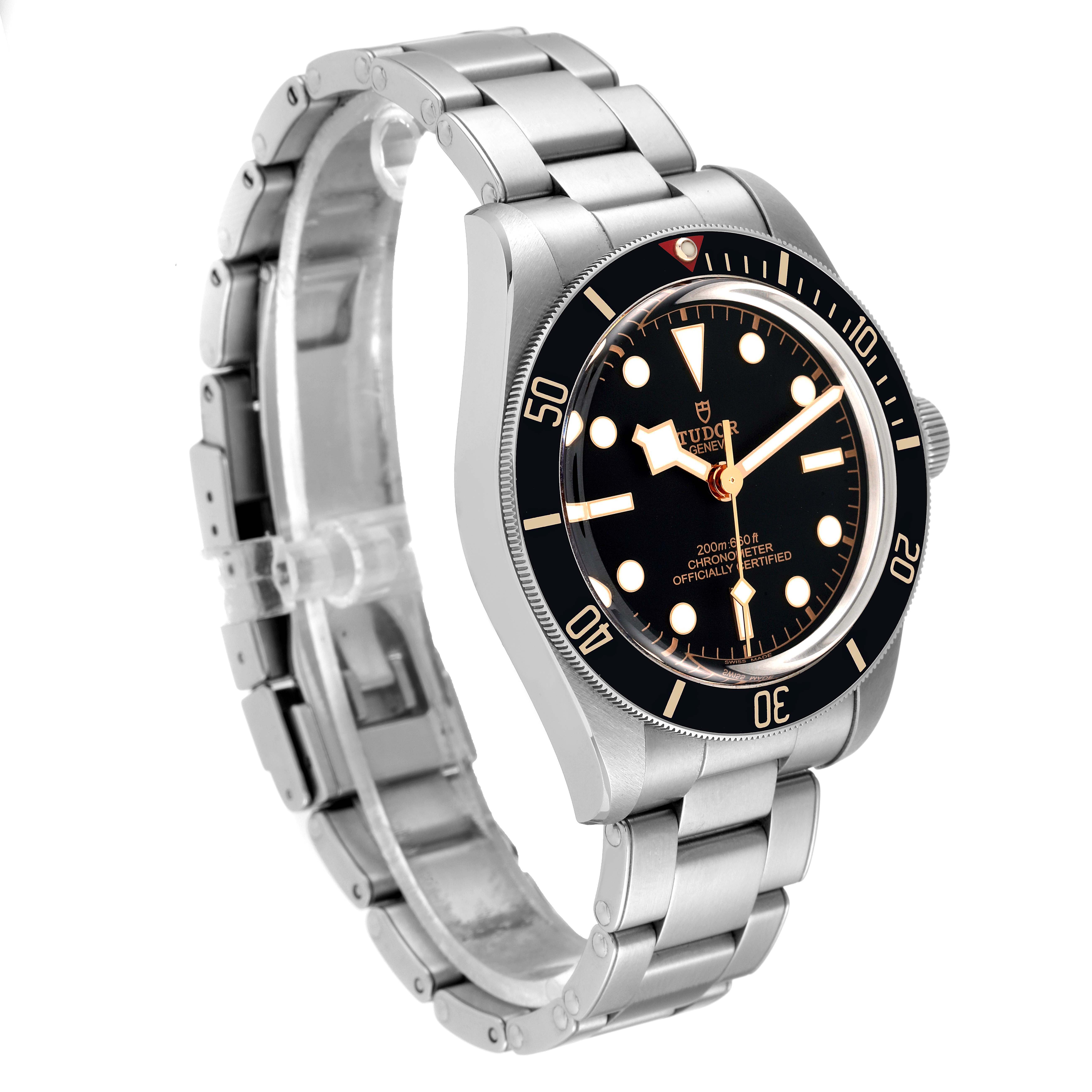 The image shows a side and front angle of the Tudor Heritage Black Bay 79030N Men's Stainless Steel Black Dial 79030N Men's Stainless Steel Black Dial watch, displaying its dial, bezel, and stainless steel bracelet.