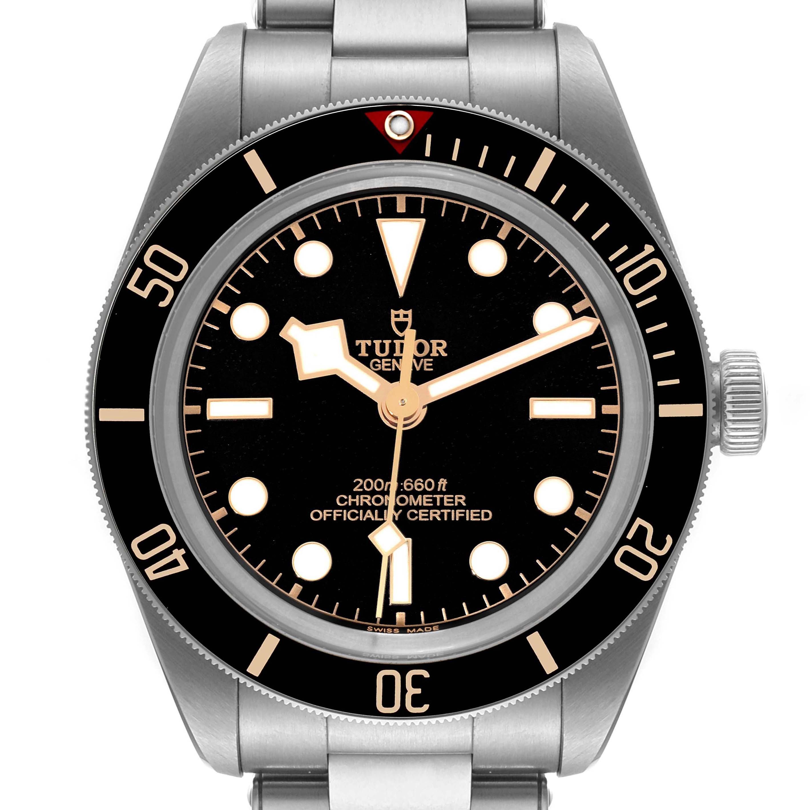 This is a front view of the Tudor Heritage Black Bay 79030N Men's Stainless Steel Black Dial 79030N Men's Stainless Steel Black Dial watch, showing the face, bezel, hands, and part of the bracelet.