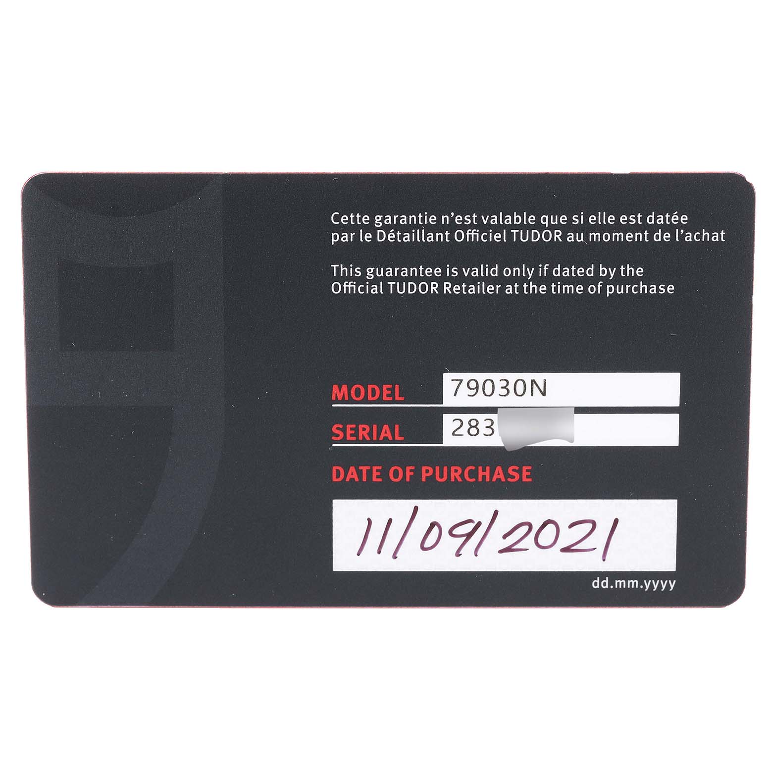 This image shows the warranty card for the Tudor Heritage Black Bay 79030N Men's Stainless Steel Black Dial 79030N Men's Stainless Steel Black Dial model 79030N.
