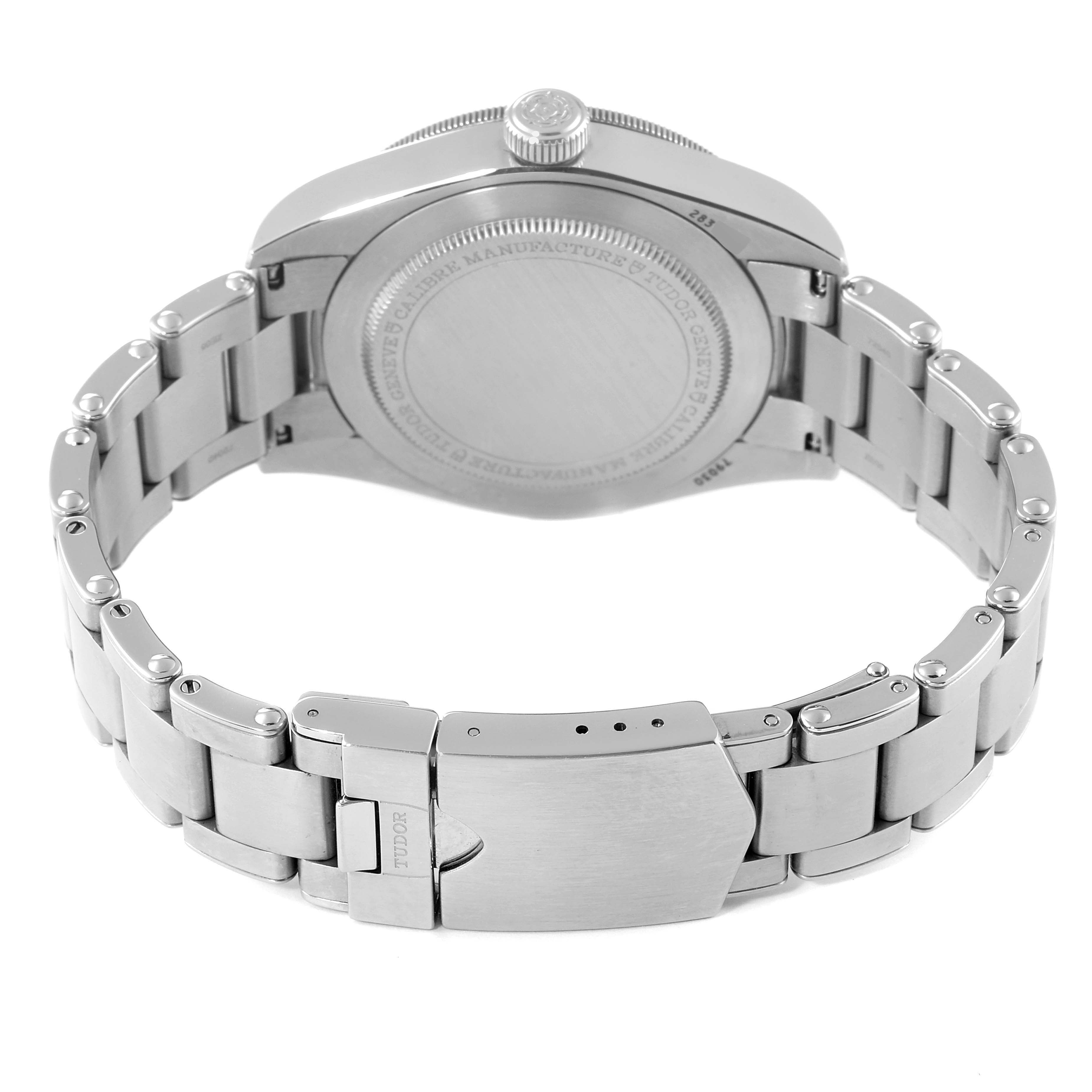 The image shows the back view of a Tudor Heritage Black Bay 79030N Men's Stainless Steel Black Dial 79030N Men's Stainless Steel Black Dial watch, focusing on the case back and bracelet.