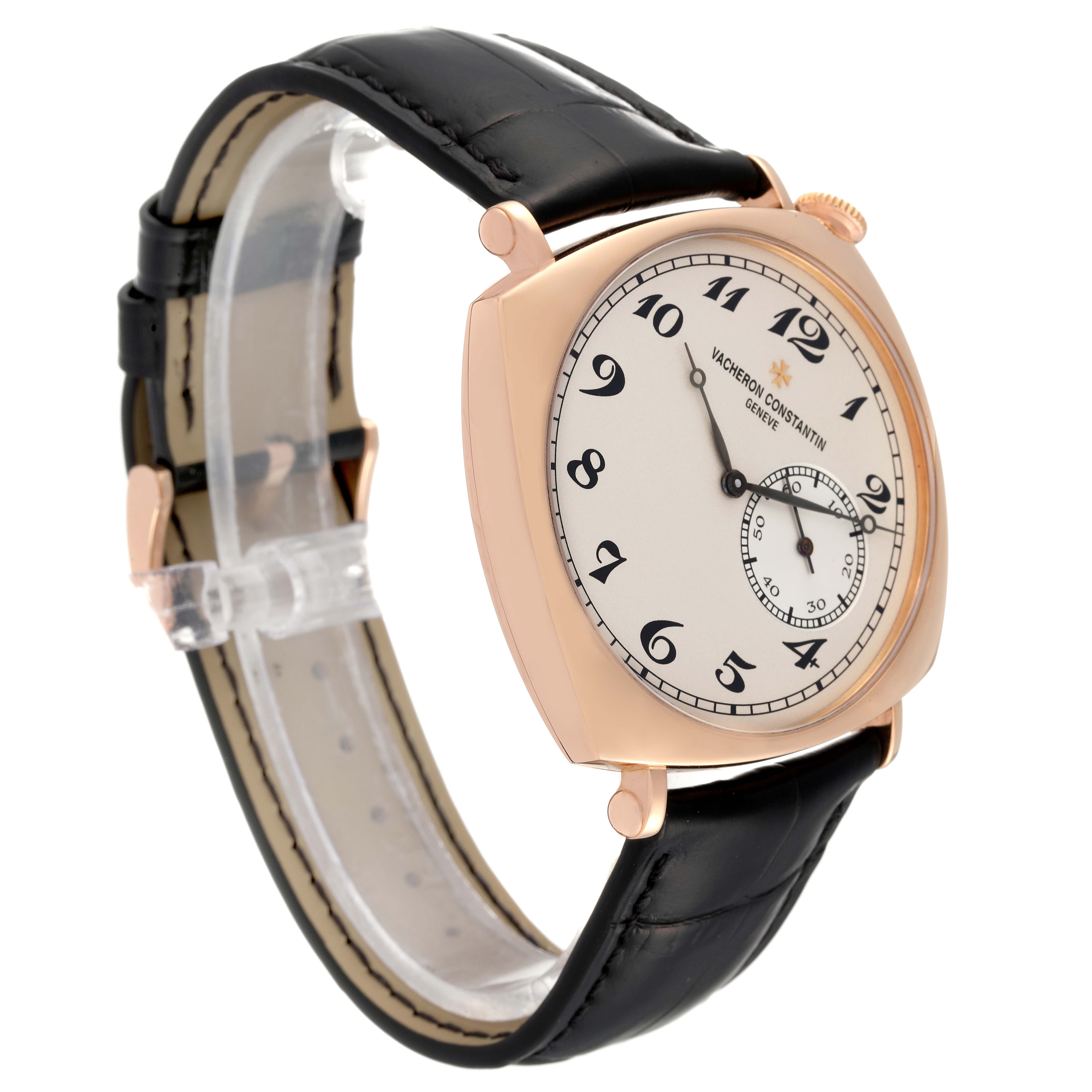 The watch, a Vacheron Constantin Historiques 82035000R-9359 Men's Rose Gold Silver Dial 82035000R-9359 Men's Rose Gold Silver Dial model, is shown at a 3/4 angle displaying the dial, case, and leather strap.