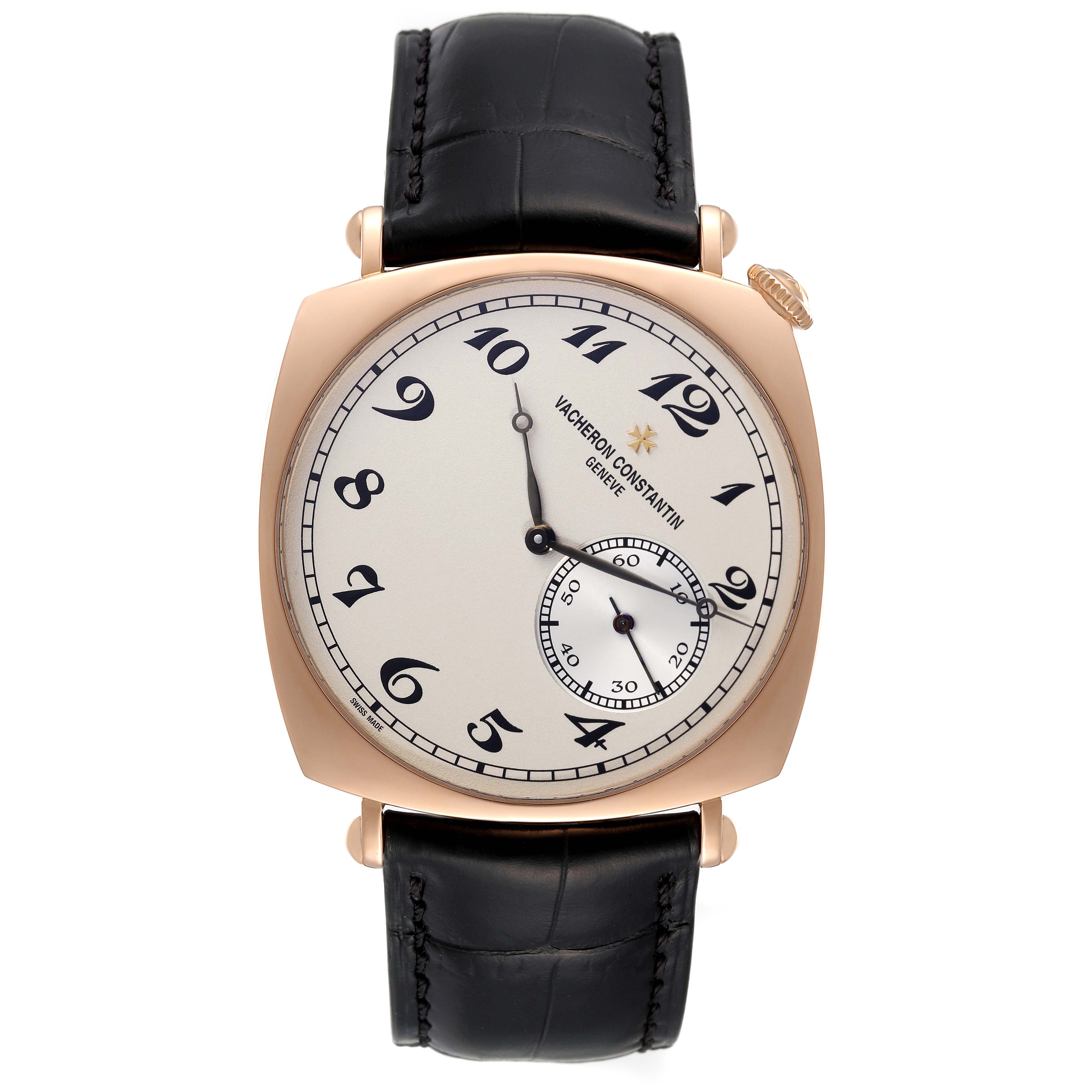 This image shows a front view of a Vacheron Constantin Historiques 82035000R-9359 Men's Rose Gold Silver Dial 82035000R-9359 Men's Rose Gold Silver Dial model, featuring its face, dial, and leather strap.