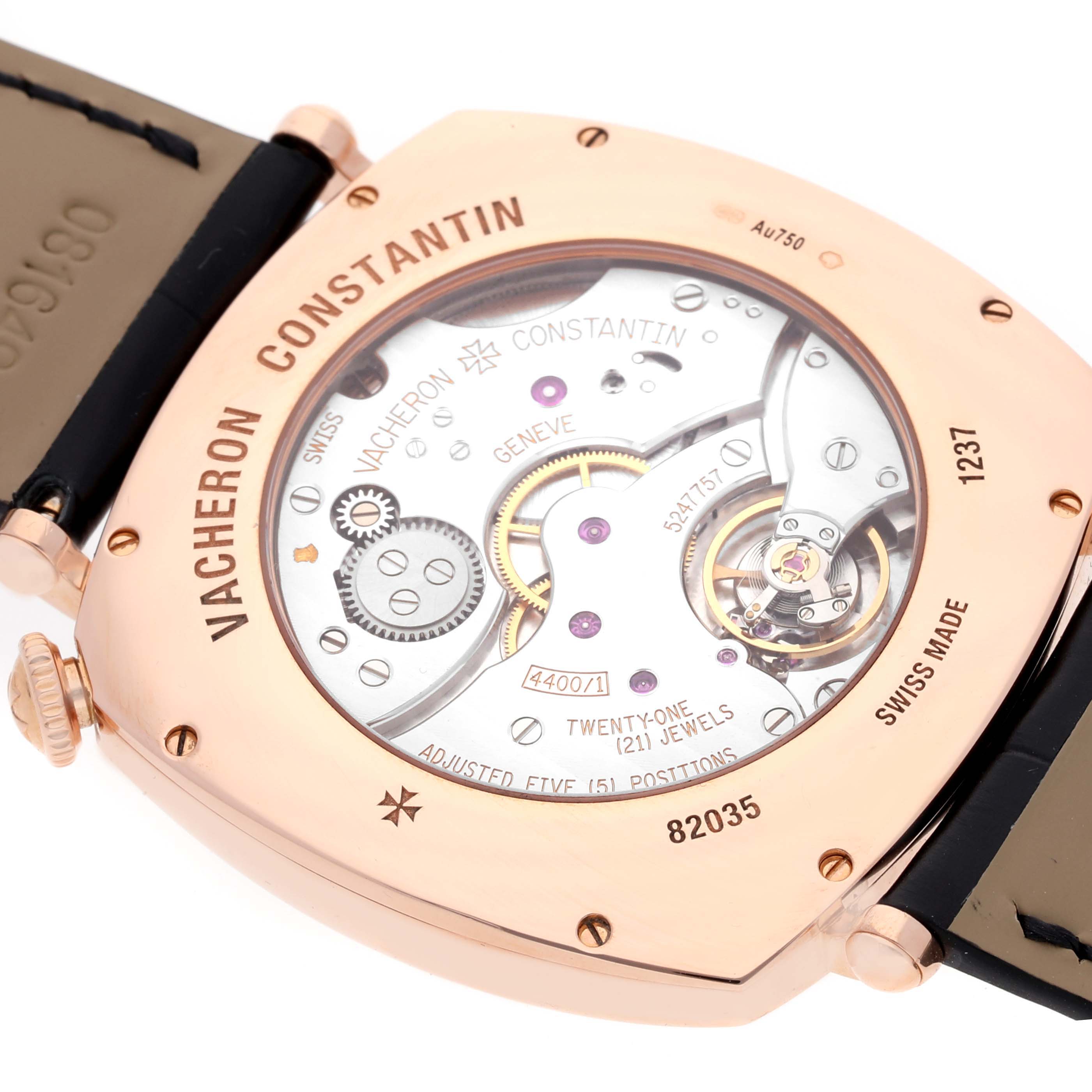 The image shows the back of a Vacheron Constantin Historiques 82035000R-9359 Men's Rose Gold Silver Dial 82035000R-9359 Men's Rose Gold Silver Dial watch, focusing on the movement and case details.