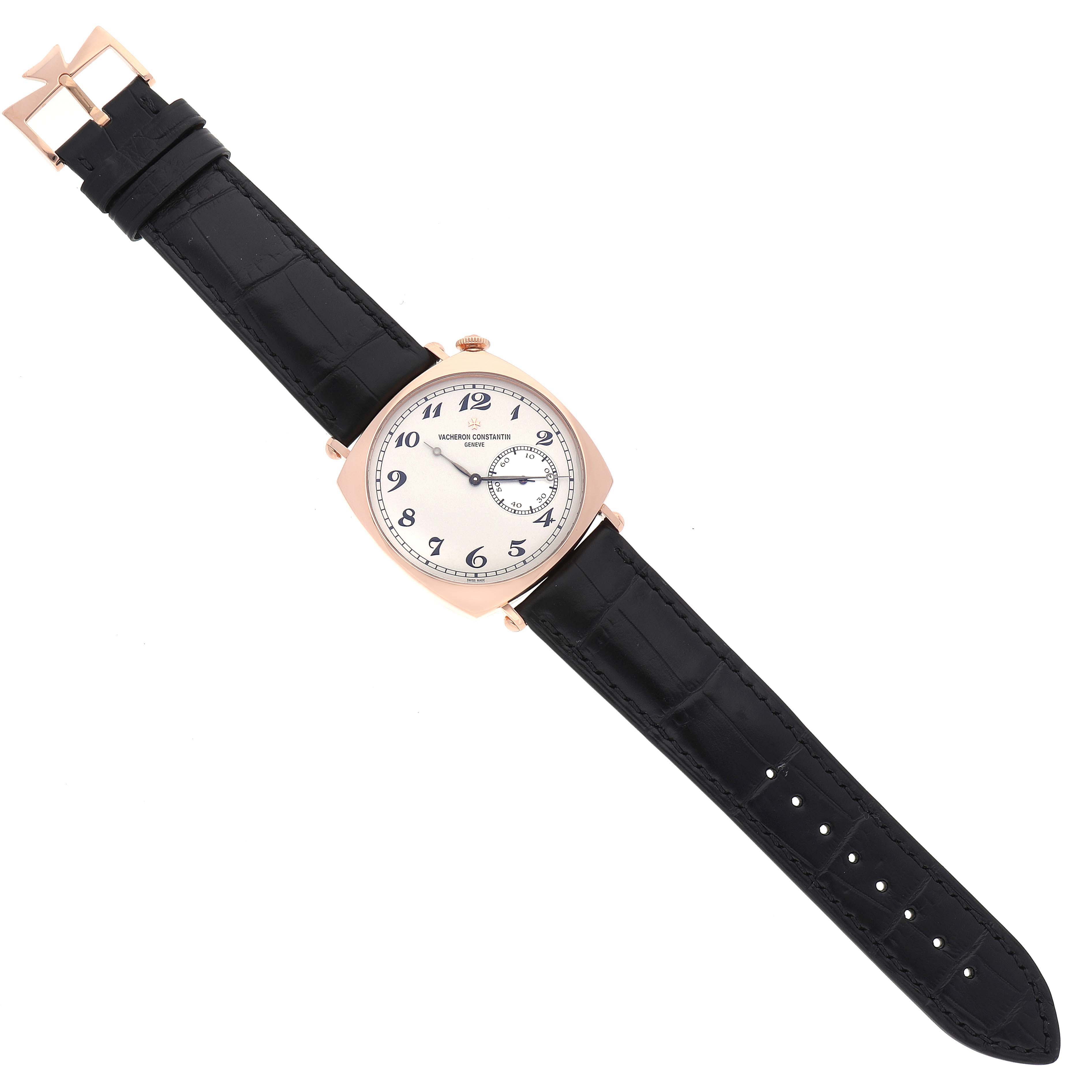 The Vacheron Constantin Historiques 82035000R-9359 Men's Rose Gold Silver Dial 82035000R-9359 Men's Rose Gold Silver Dial model watch is shown from a top-down angle, displaying the face, case, and strap.