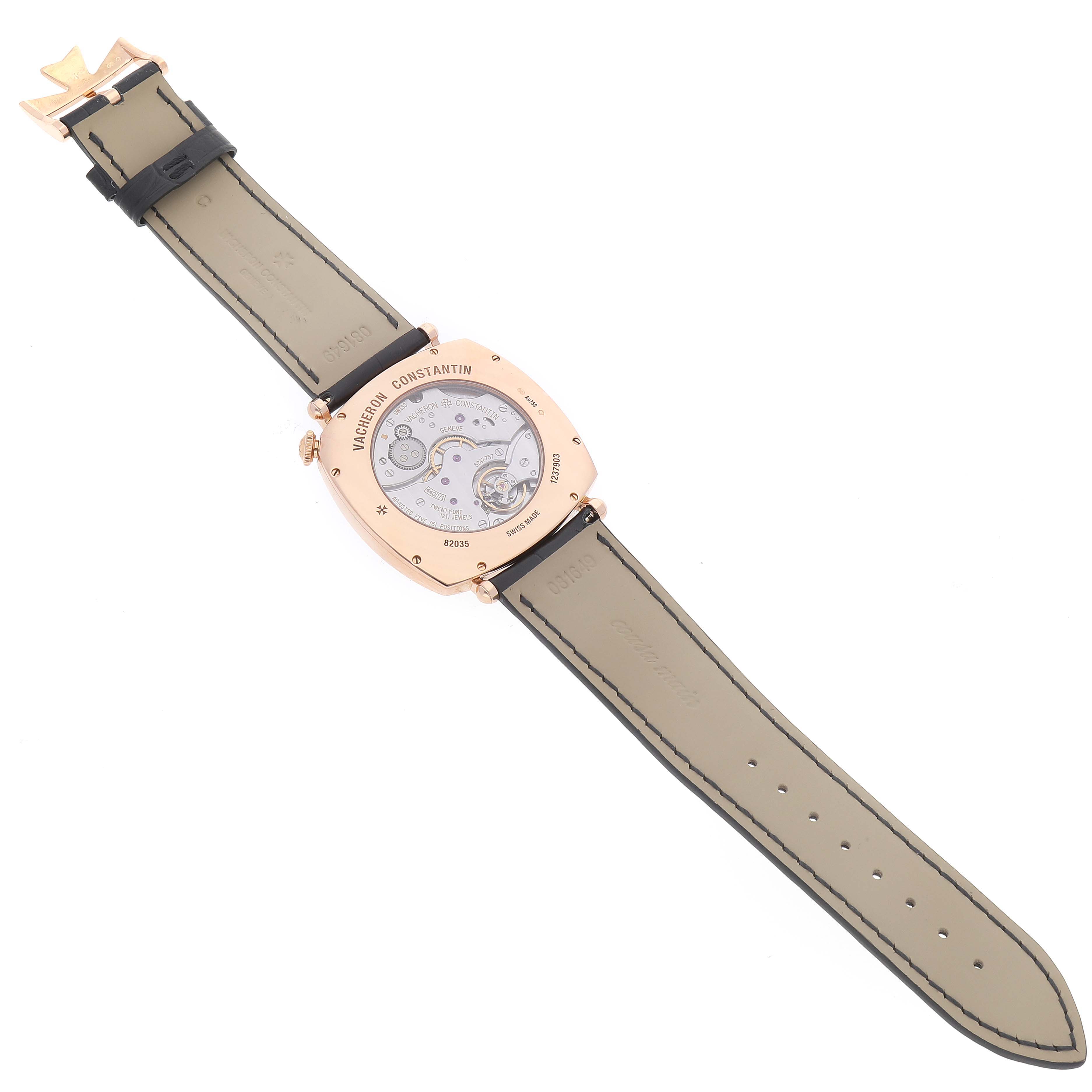 The image shows the back view of the Vacheron Constantin Historiques 82035000R-9359 Men's Rose Gold Silver Dial 82035000R-9359 Men's Rose Gold Silver Dial model watch, highlighting its movement and leather straps.